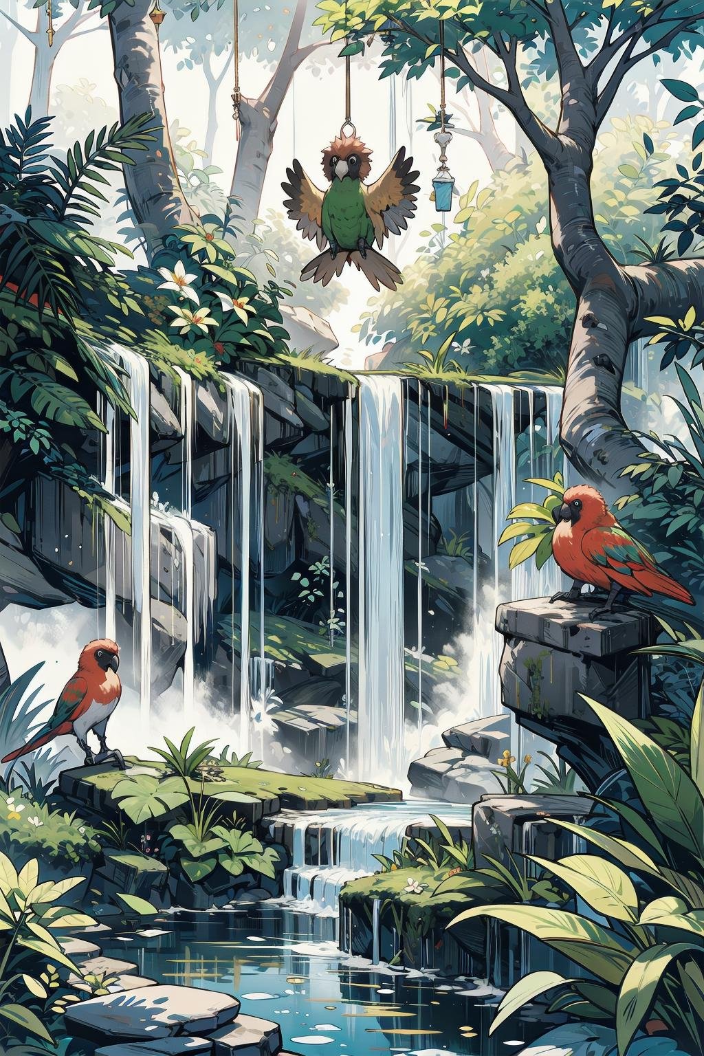 (masterpiece, best quality:1.2), (Intricate detailed:1.2), vibrant jungle, with tall trees and colorful flowers. The air is thick with the scent of lush greenery. In the foreground, a colorful parrot perches on a branch, its feathers a riot of colors. Monkeys swing from tree to tree, adding to the lively energy of the scene. A waterfall cascades down a rocky cliff, creating a peaceful oasis in the midst of the bustling jungle.