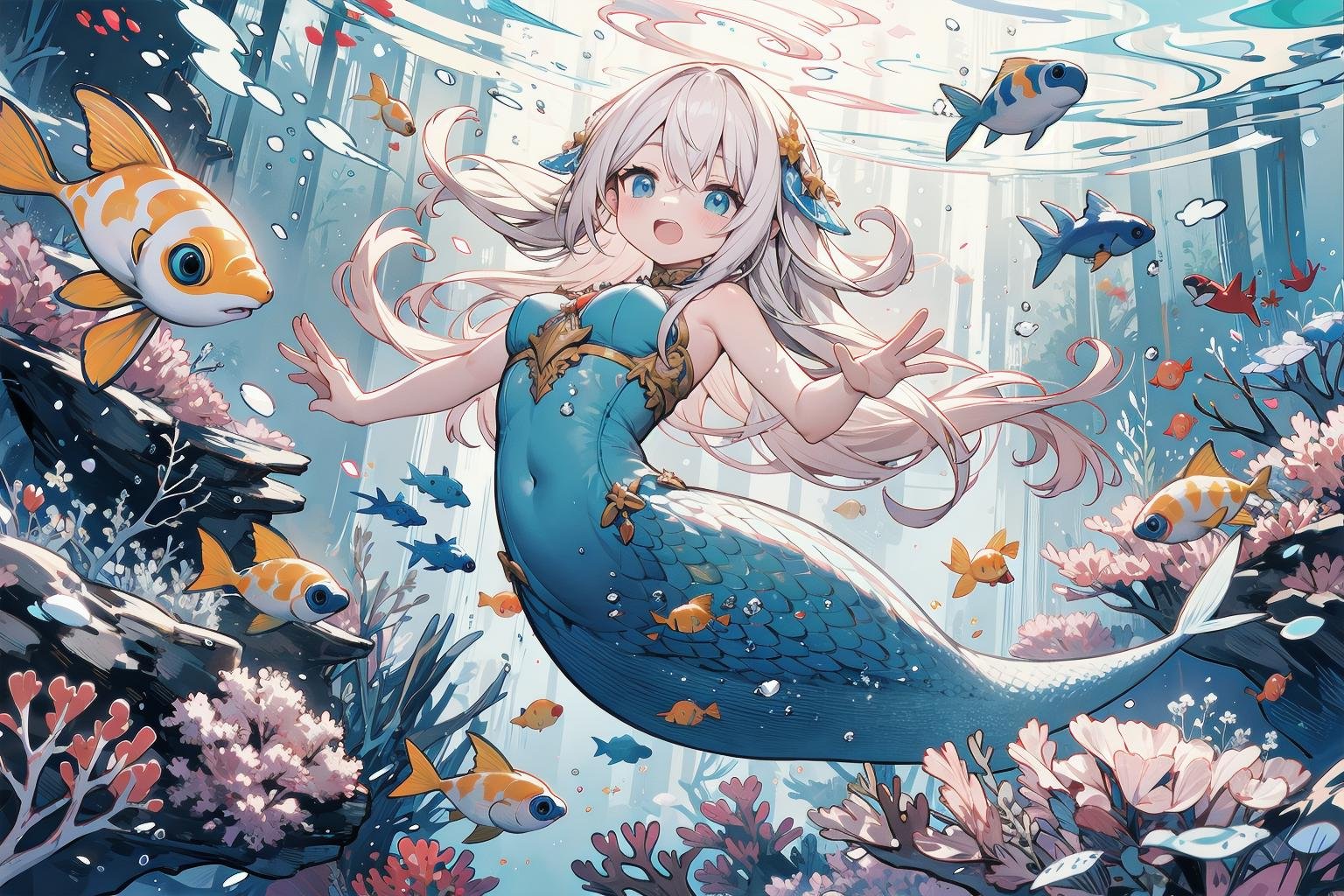 (masterpiece, best quality:1.2), (Intricate detailed:1.2), whimsical underwater world, with schools of bright fish darting among coral reefs and sea anemones. The colors are vibrant and playful, with pinks, yellows, and blues creating a cheerful and lively atmosphere. In the foreground, a mermaid with flowing hair and a sparkling tail swims gracefully through the water, while a playful octopus dances nearby. The scene captures the imagination and magic of an underwater fantasy realm.