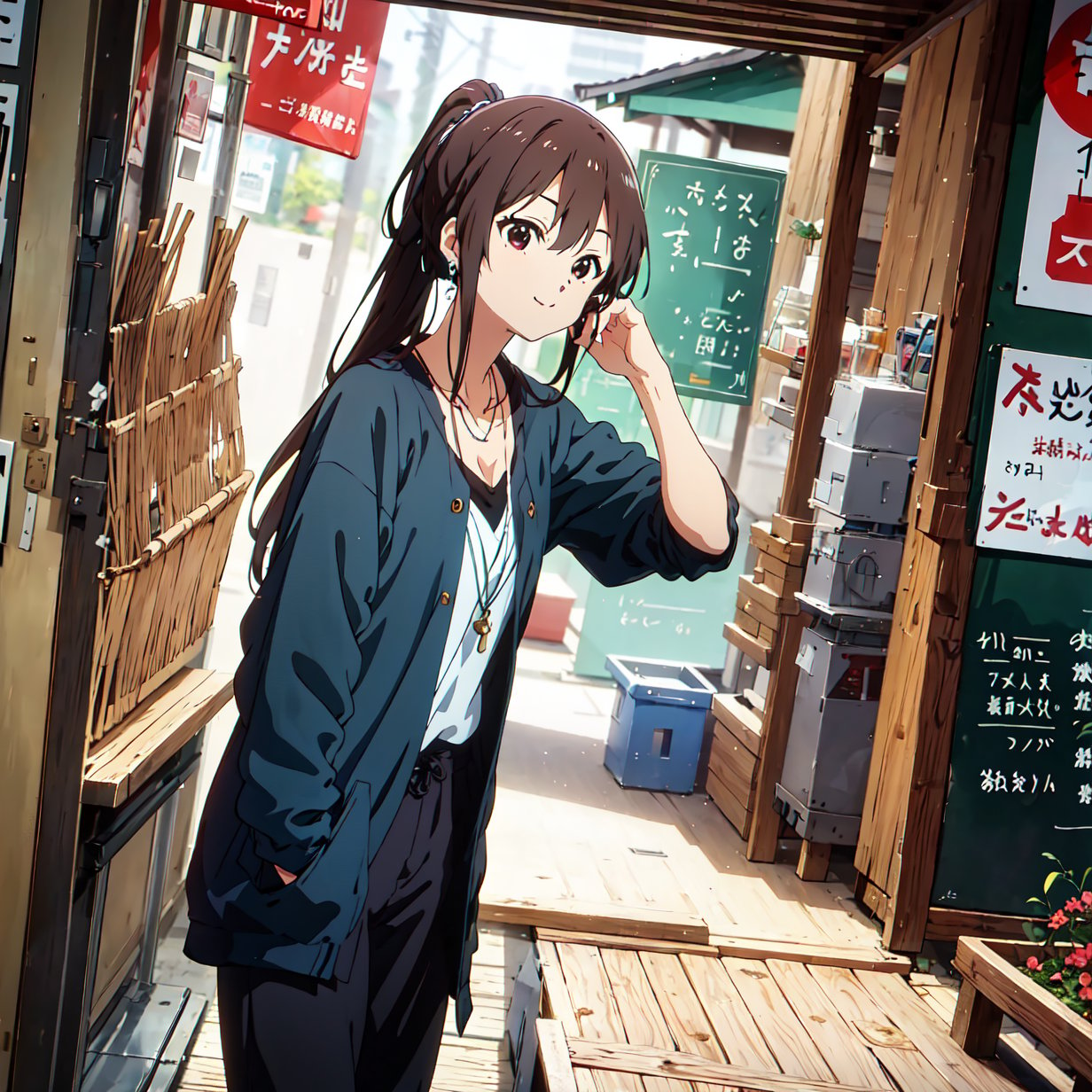 ((masterpiece, best quality, highres)), perfect face, 1girl, solo, long hair, ponytail, earrings, pants, necklace, Kyoto animation style,best quality,Tachikawa Ayaka