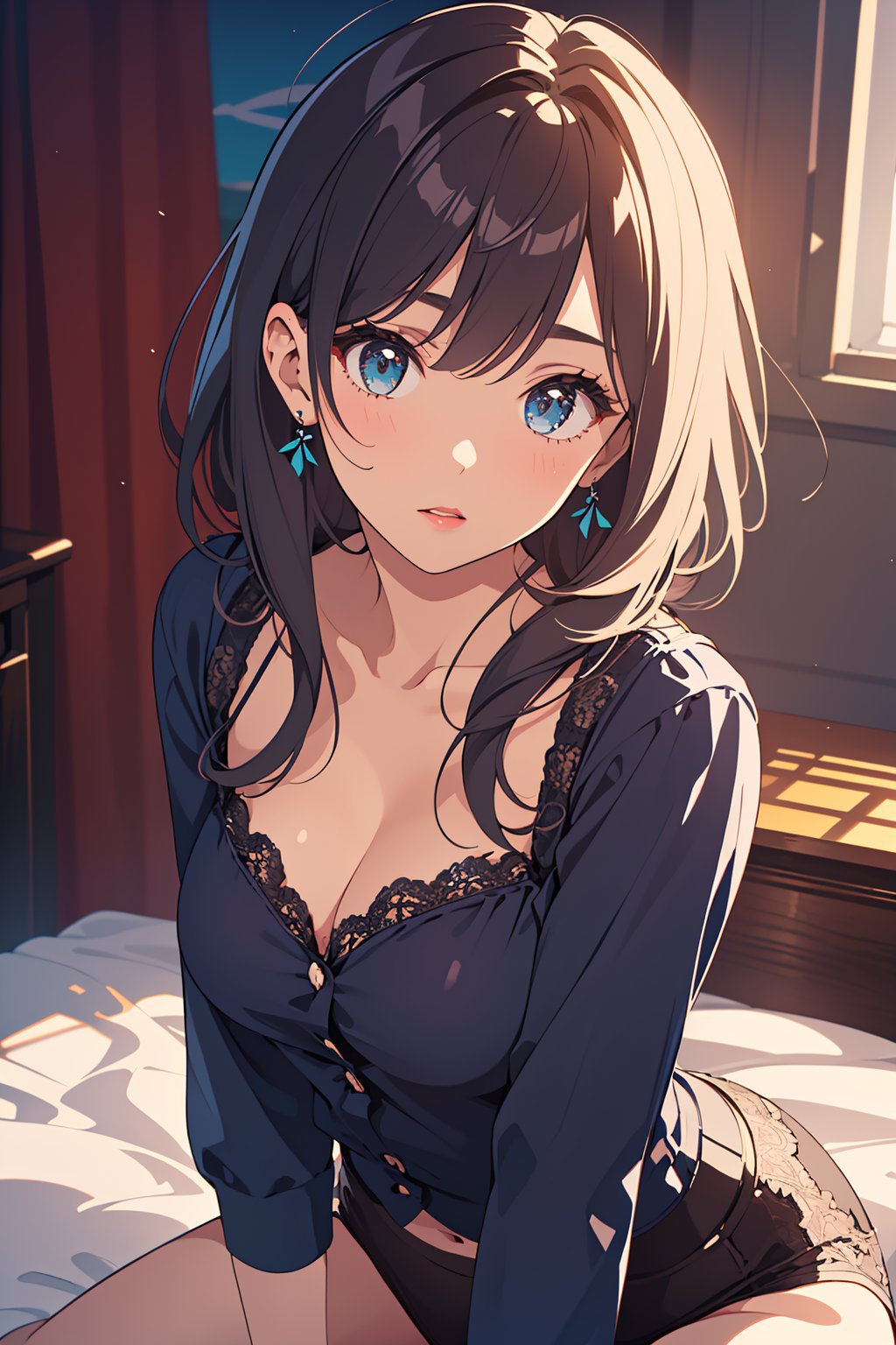 (masterpiece, best quality, 1girl, solo, intricate details, chromatic aberration), beautiful, detailed face, delicated eyebrows, beautiful  red lips, high detailed eyes,High detailed , hips up shot, wearing black lace blouse with blue buttons