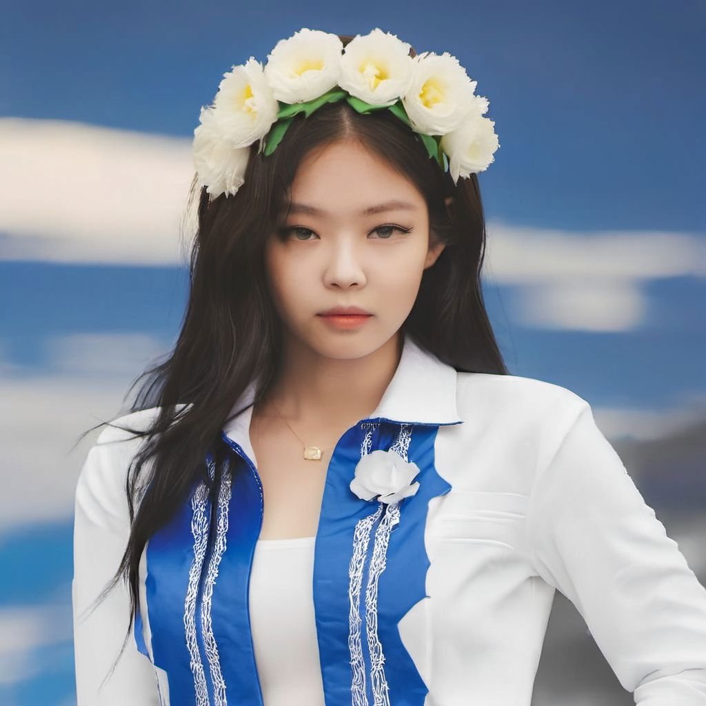 jennie, 1girl, solo, blurry background, black hair, outdoors, light on face, realistic, black eyes, upper body, lips, detailed eyes, detailed iris, detailed face, day, sky, realistic, blurry, blue sky, shirt, white shirt, beautiful hair, jacket, flower crown, closed mouth, looking at viewer, highres, masterpiece, <lora:sayhello0o-XL-jennie:1>