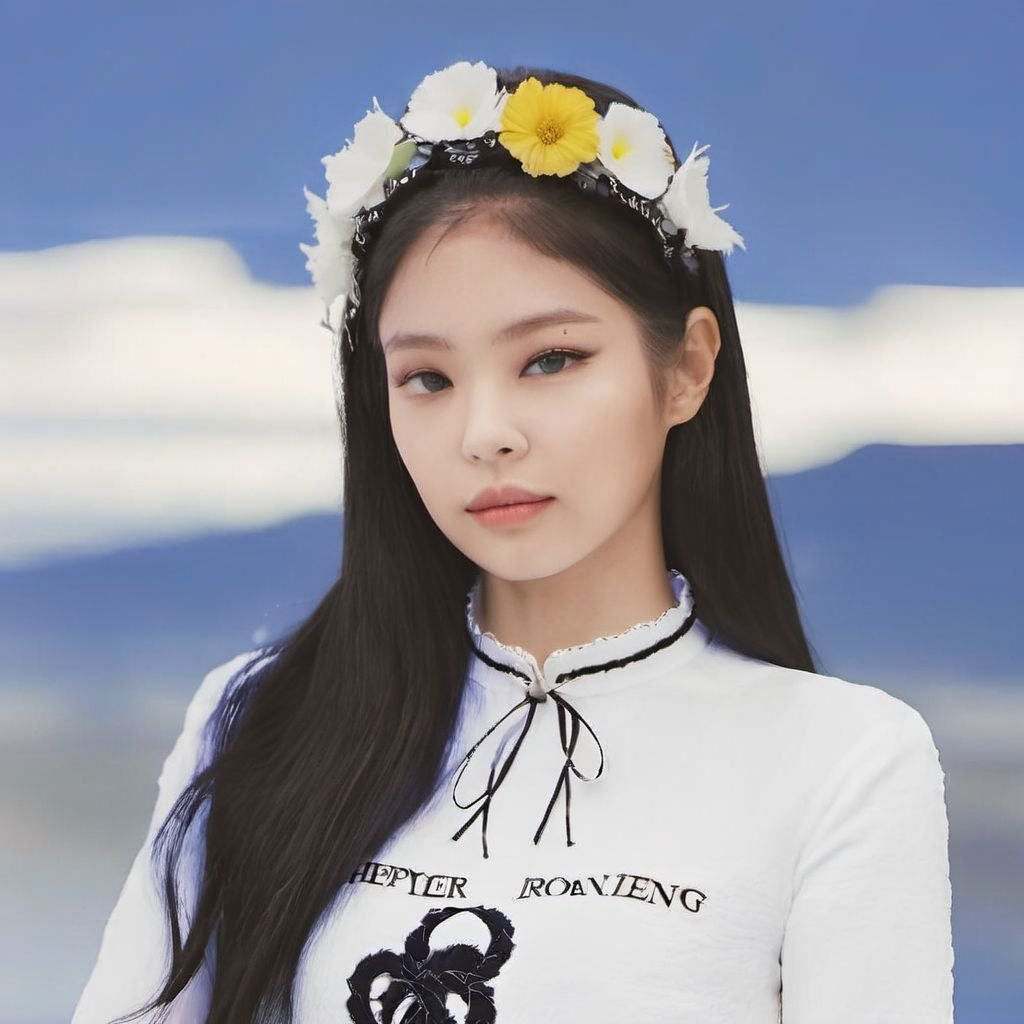 jennie, 1girl, solo, blurry background, black hair, outdoors, light on face, realistic, black eyes, upper body, lips, detailed eyes, detailed iris, detailed face, day, sky, realistic, blurry, blue sky, shirt, white shirt, beautiful hair, jacket, flower crown, closed mouth, looking at viewer, highres, masterpiece, <lora:sayhello0o-XL-jennie:1>