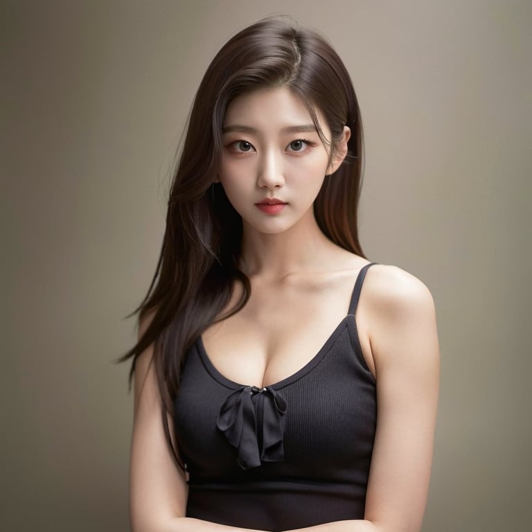 yein, 1girl, realistic, (medium full shot:1.2), (straight on:1.5), beautiful hair, (looking at the viewer:1.2), wearing tanktop, cleavage, beautiful face, beautiful expression, (medium breast:1.1), (photorealistic:1.3), <lora:sayhello0o-v1-lovelyzyein:0.88>