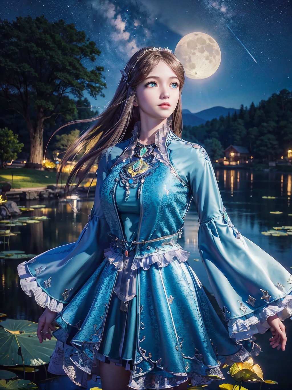 masterpiece,best quality,official art,extremely detailed CG unity 8k wallpaper,realistic,light rays,light particles,
1girl,solo,long_hair,standing,blue_eyes,wide_sleeves,dress,long_sleeves,
blue theme,starry background,scenery,starry sky,night,reflection,night sky,outdoors,milkway,cistern,(lotus:1.2),lake water,moon,
dynamic pose,looking at viewer,cowboy shot,