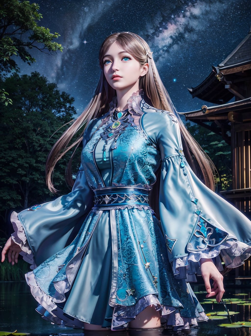 masterpiece,best quality,official art,extremely detailed CG unity 8k wallpaper,realistic,light rays,light particles,
1girl,solo,long_hair,standing,blue_eyes,wide_sleeves,dress,long_sleeves,
blue theme,starry background,scenery,starry sky,night,reflection,night sky,outdoors,milkway,cistern,(lotus:1.2),lake water,moon,
dynamic pose,looking at viewer,cowboy shot,