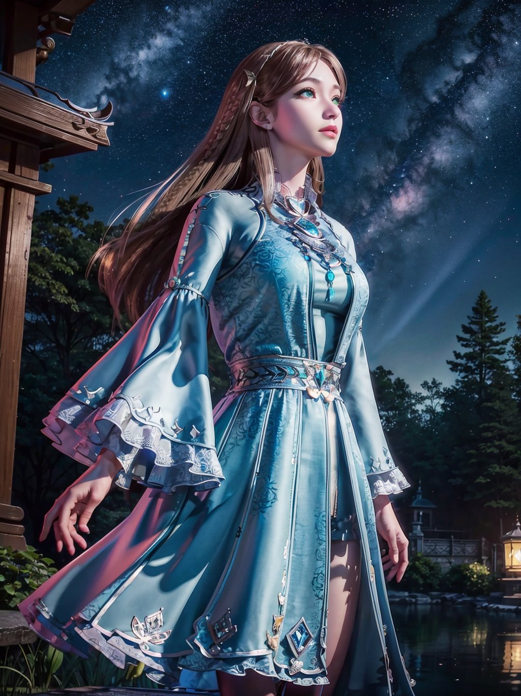 masterpiece,best quality,official art,extremely detailed CG unity 8k wallpaper,realistic,light rays,light particles,
1girl,solo,long_hair,standing,blue_eyes,wide_sleeves,dress,long_sleeves,
blue theme,starry background,scenery,starry sky,night,reflection,night sky,outdoors,milkway,cistern,(lotus:1.2),lake water,moon,
dynamic pose,looking at viewer,cowboy shot,