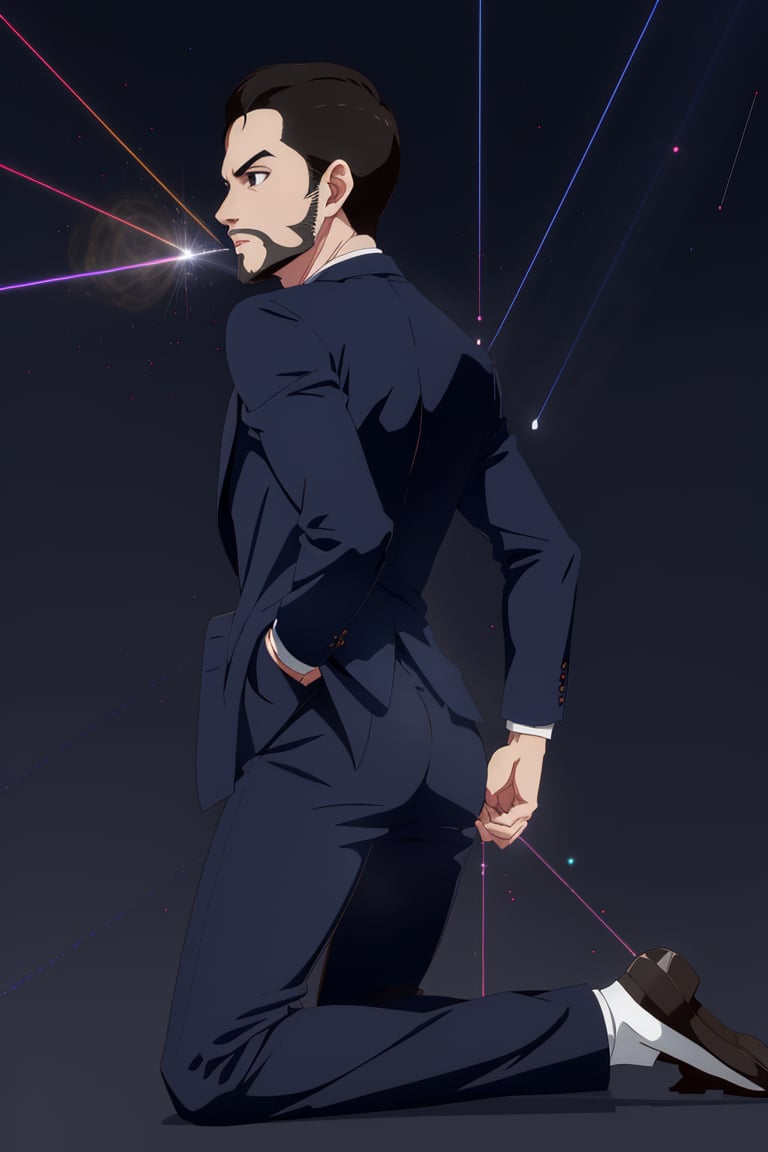 solo male, Maeda, Asobi Asobase, butler, black hair, short hair, black eyes, facial hair, dark blue 3 Piece Suit, formal, white collared shirt, red necktie, dark blue vest, dark blue jacket, dark blue pants, mature, handsome, charming, alluring, calm, polite, kneeling, perfect anatomy, perfect proportions, best quality, masterpiece, high_resolution simple background,   (((shoot strong white lasers from his buttocks, lift up butt)))
