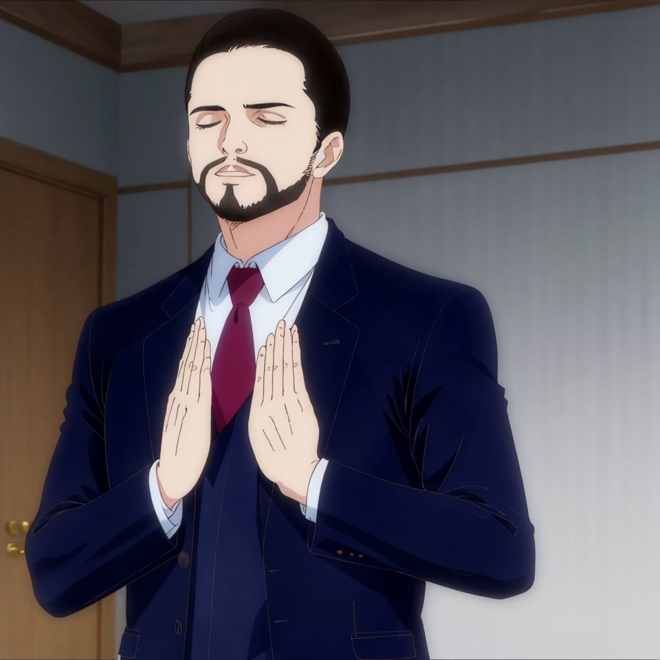 (FeelsGood, closed eyes). (solo male), Maeda, Asobi Asobase, butler, black hair, short hair, black eyes, facial hair, dark blue 3 Piece Suit, formal, white collared shirt, red necktie, dark blue vest, dark blue jacket, dark blue pants, mature, handsome, charming, alluring, portrait, close-up, perfect anatomy, perfect proportions, best quality, masterpiece, high_resolution,FeelsGood