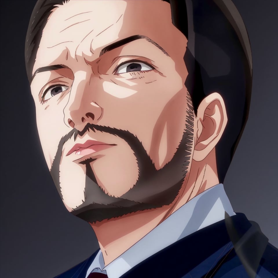 solo male, Maeda, Asobi Asobase, butler, black hair, short hair, black eyes, facial hair, dark blue 3 Piece Suit, formal, white collared shirt, red necktie, dark blue vest, dark blue jacket, dark blue pants, mature, handsome, charming, alluring, calm, polite, portrait, close-up, perfect anatomy, perfect proportions, best quality, masterpiece, high_resolution simple background, classroom,  (from below:0.9), (pathetic , disappointed:1.0), looking down, looking at viewer, pathetic \(meme\, wide angle