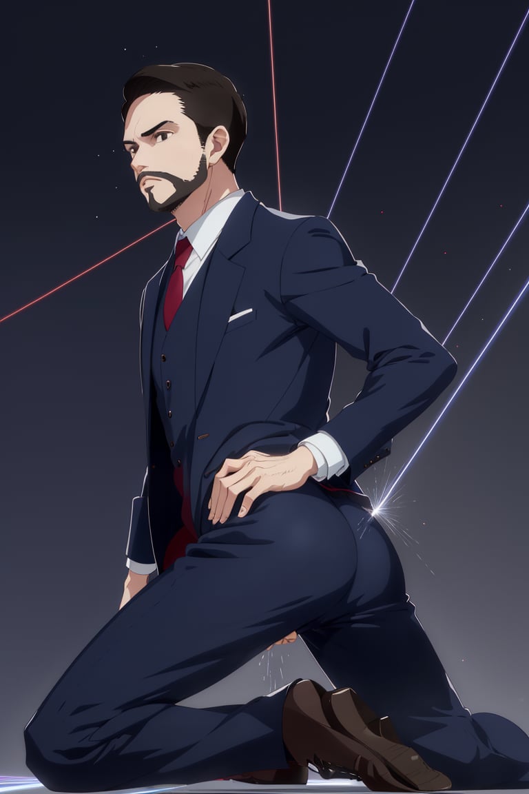 solo male, Maeda, Asobi Asobase, butler, black hair, short hair, black eyes, facial hair, dark blue 3 Piece Suit, formal, white collared shirt, red necktie, dark blue vest, dark blue jacket, dark blue pants, mature, handsome, charming, alluring, calm, polite, kneeling, perfect anatomy, perfect proportions, best quality, masterpiece, high_resolution simple background,   (((shoot strong white lasers from his buttocks, lift up butt)))
