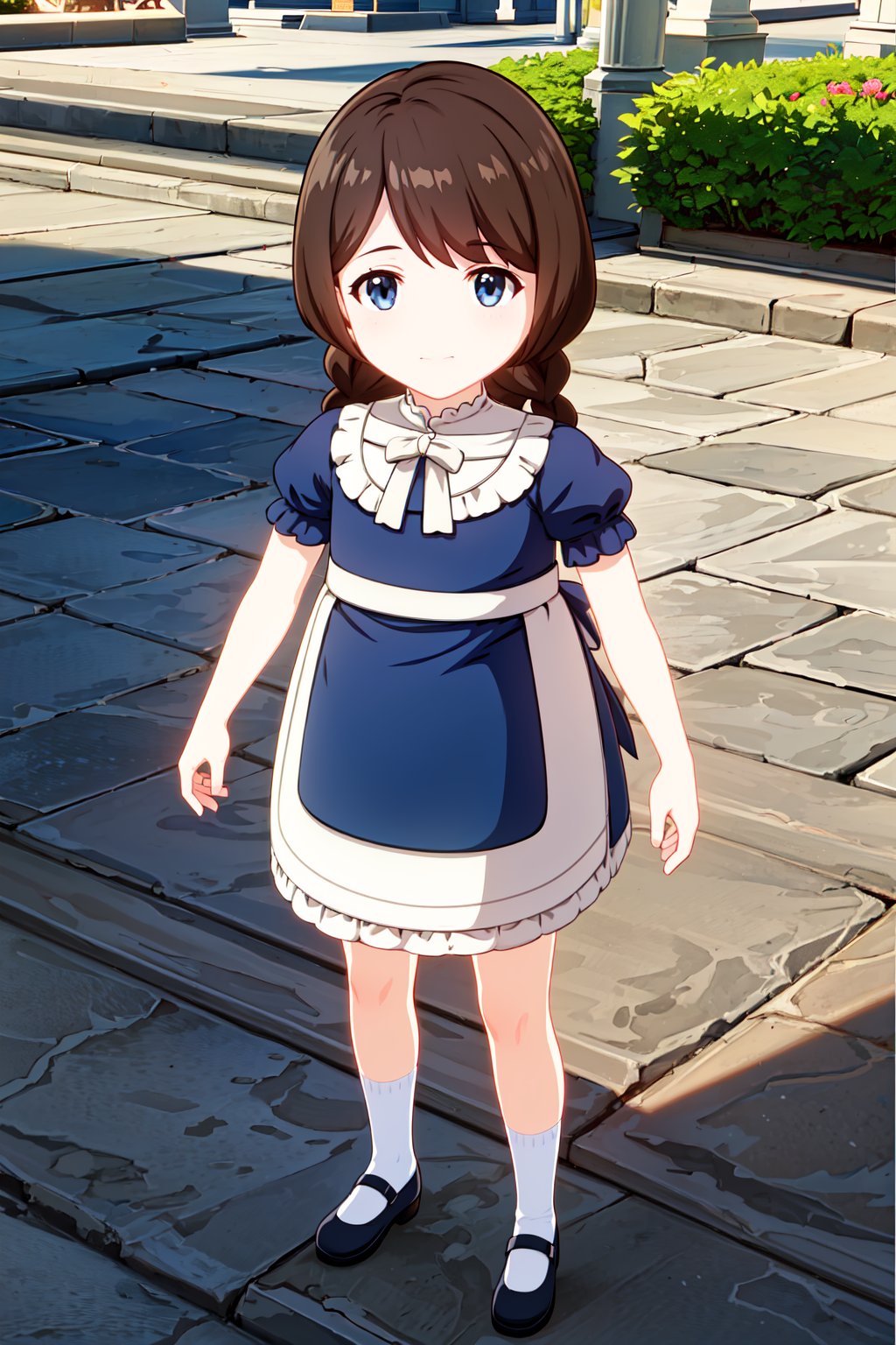 HD, extremely detailed, 8k, insane details, hyperdetailed, ((best quality:1.2)),(highly detailed:1.1), masterpiece, detailed face, beautiful face, GenshinGirls, 1girl, (((solo))), blue eyes, long hair, brown hair, bangs, twin braids, child, kid, loli, standing, thighs, looking at viewer, pink dress, flower print, short sleeves, puffy sleeves, puffy short sleeves, waist apron, white apron, white socks, mary janes, full body, outdoors, 2d, cartoon, ((anime:1.2)), flat colors