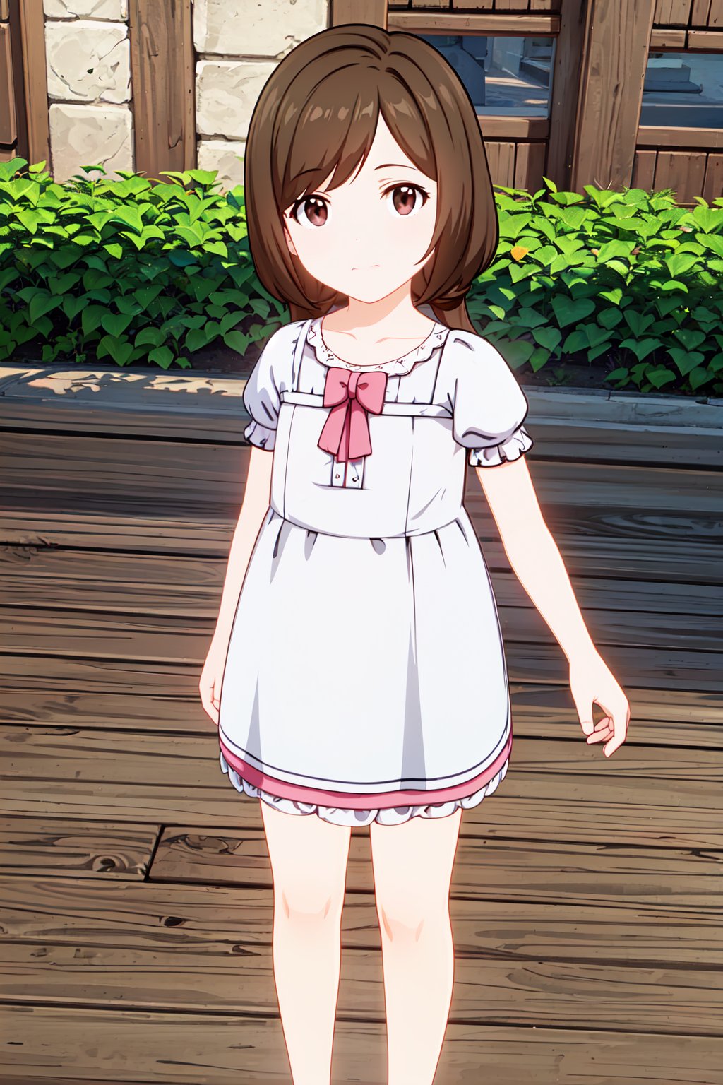 HD, extremely detailed, 8k, insane details, hyperdetailed, ((best quality:1.2)),(highly detailed:1.1), masterpiece, detailed face, beautiful face, GenshinGirls, 1girl, (((solo))), brown eyes, hair ornament, jewelry, brown hair, child, kid, loli, standing, thighs, looking at viewer, pink dress, outdoors, 2d, cartoon, ((anime:1.2)), flat colors