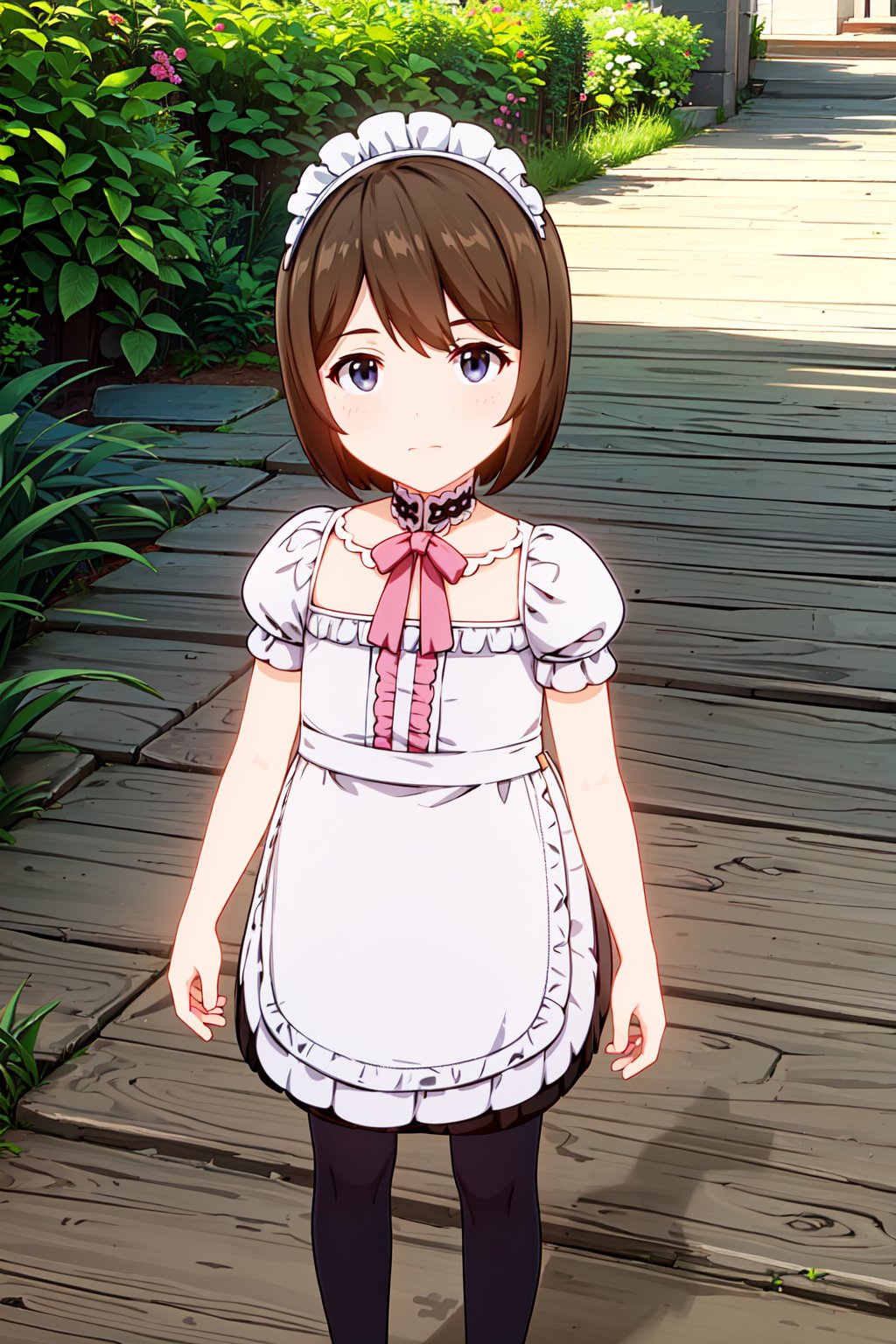 HD, extremely detailed, 8k, insane details, hyperdetailed, ((best quality:1.2)),(highly detailed:1.1), masterpiece, detailed face, beautiful face, GenshinGirls, 1girl, (((solo))), blue eyes, short hair, brown hair, bangs, child, kid, loli, standing, thighs, looking at viewer, pink dress, flower, short sleeves, puffy sleeves, apron, puffy short sleeves, maid headdress, waist apron, white apron, outdoors, 2d, cartoon, ((anime:1.2)), flat colors