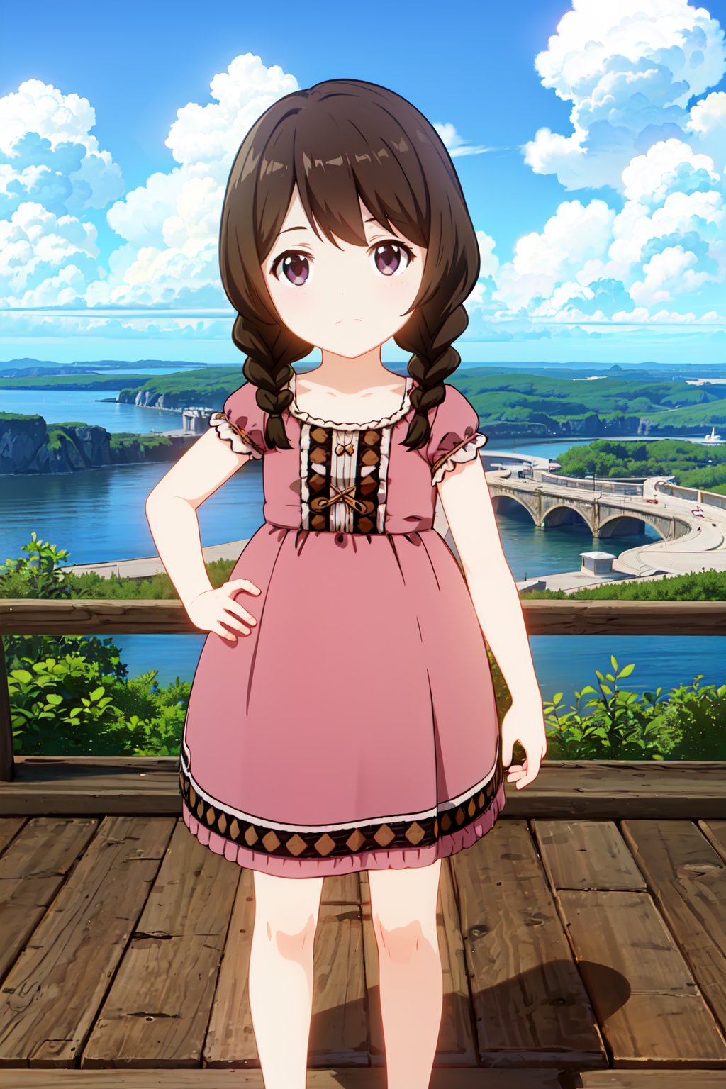 HD, extremely detailed, 8k, insane details, hyperdetailed, ((best quality:1.2)),(highly detailed:1.1), masterpiece, detailed face, beautiful face, GenshinGirls, 1girl, (((solo))), brown hair, child, kid, loli, standing, thighs, twin braids, looking at viewer, pink dress, outdoors, clouds, 2d, cartoon, ((anime:1.2)), flat colors