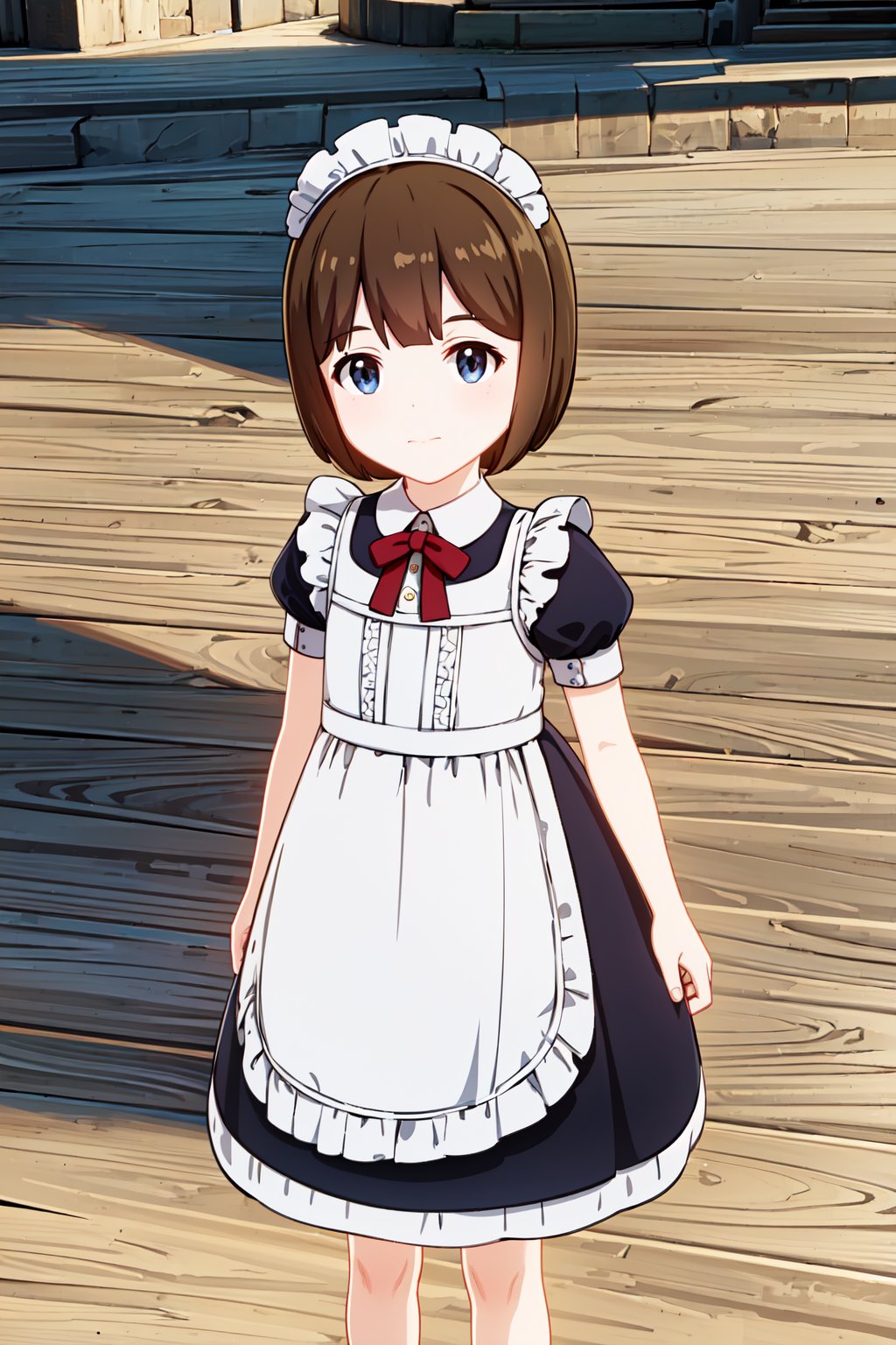 HD, extremely detailed, 8k, insane details, hyperdetailed, ((best quality:1.2)),(highly detailed:1.1), masterpiece, detailed face, beautiful face, GenshinGirls, 1girl, (((solo))), blue eyes, short hair, brown hair, bangs, child, kid, loli, standing, thighs, looking at viewer, pink dress, short sleeves, puffy sleeves, apron, puffy short sleeves, maid, maid headdress, waist apron, white apron, outdoors, 2d, cartoon, ((anime:1.2)), flat colors