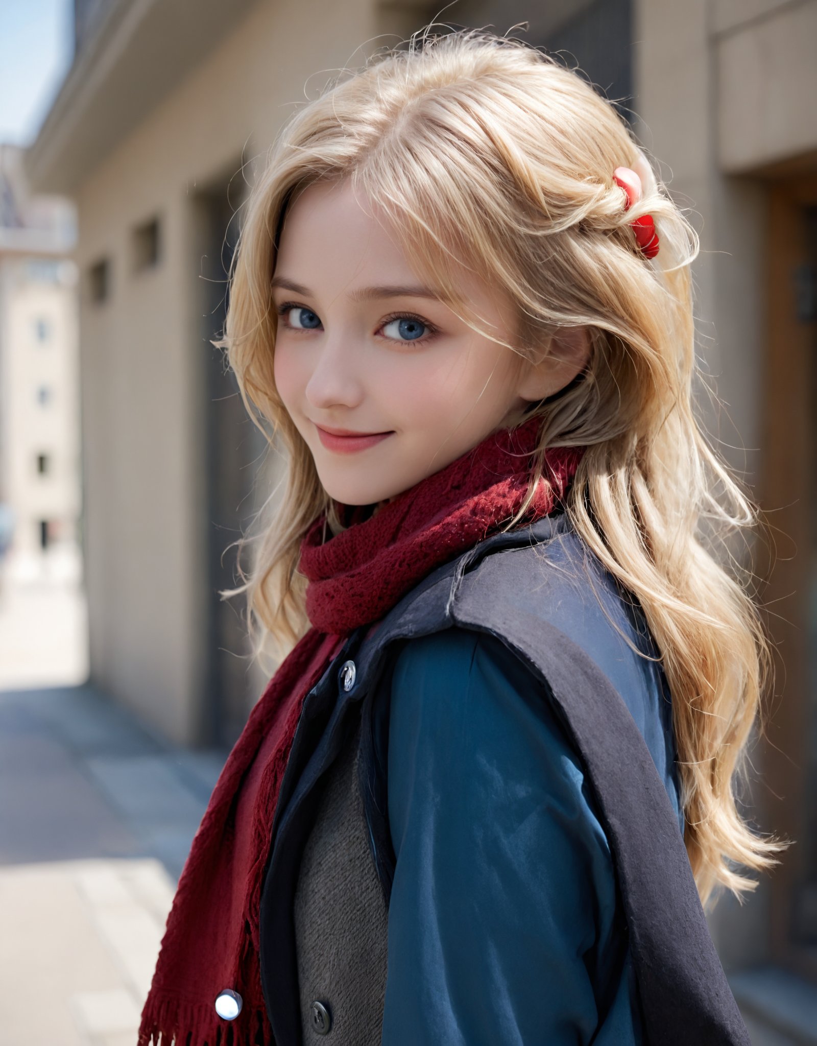 detailed background,girl,zoom up face, 1girl, blonde hair, blue eyes, blurry, blurry background, blush, building, buttons, closed mouth, coat, depth of field, facing viewer, from side, grey shirt, hair between eyes, long hair, long sleeves, outdoors, red scarf, scarf, shirt, smile, solo