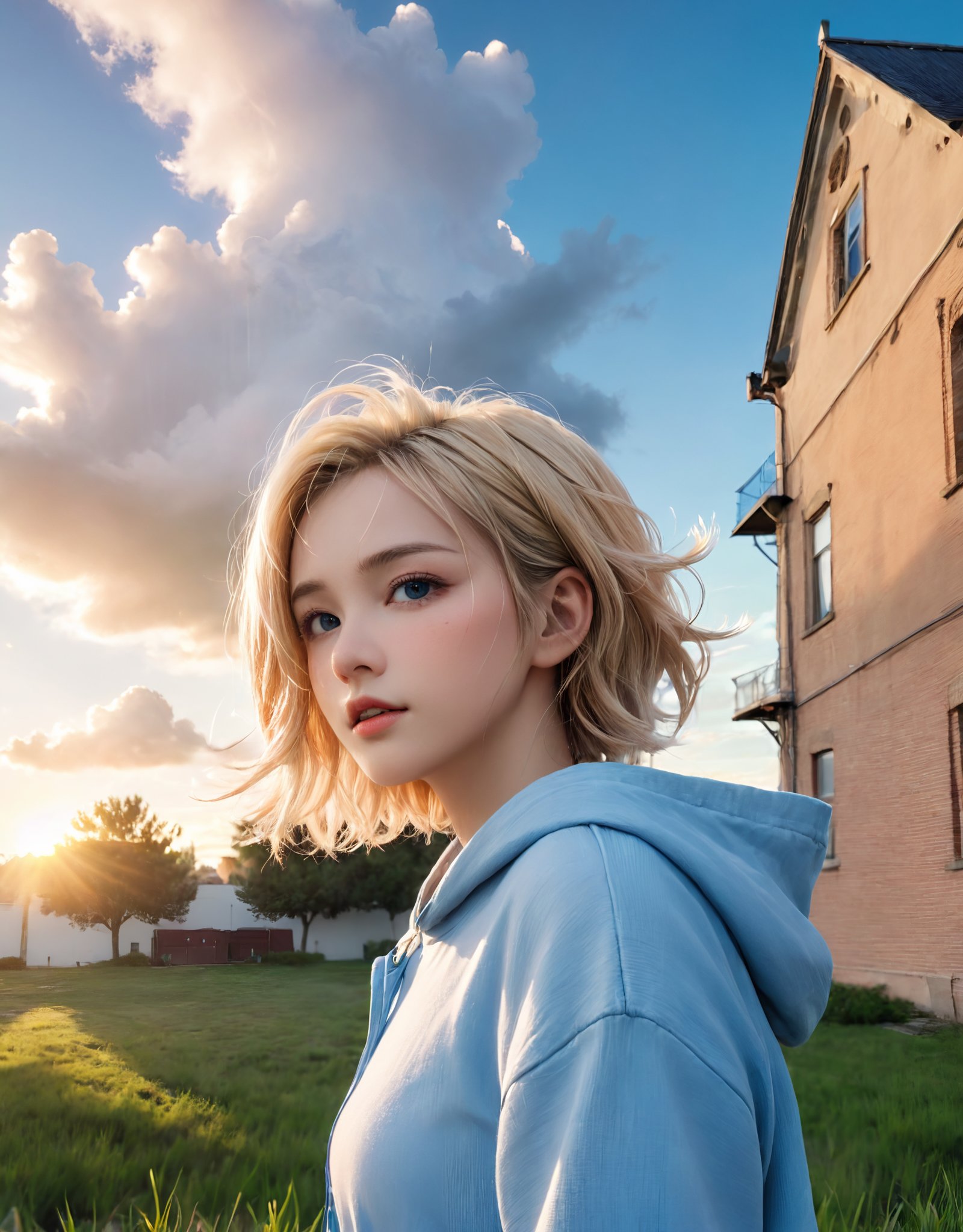 highres,best quality,detailed background,blonde,portrate, 1girl, black eyes, blue eyes, blue hair, blue sky, blush, building, buttons, cloud, cloudy sky, day, grass, hood, hood down, long sleeves, outdoors, parted lips, short hair, sky, solo, sunset, tree, upper body