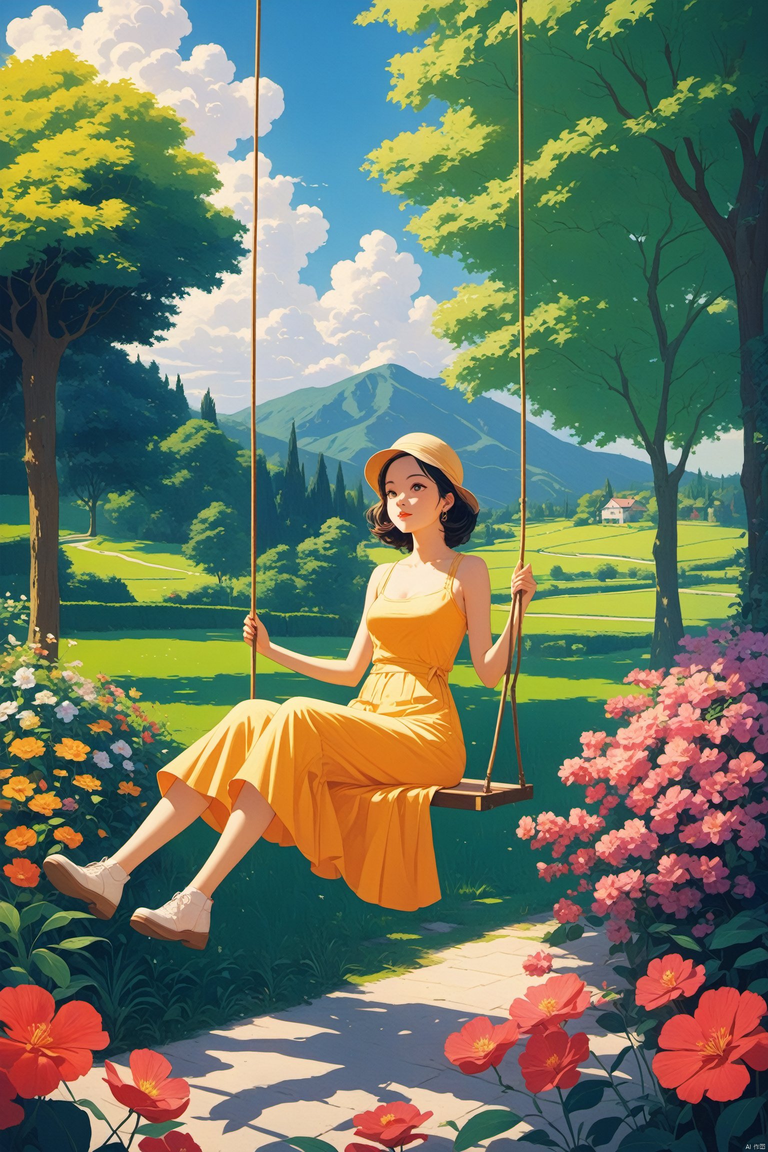  fine art, oil painting, amazing sky, Analog Color Theme, Lo-Fi Hip Hop , retrospective,good structure,Good composition, clear, original,beautiful,Garden girl, sitting on a swing, enjoying the breeze, surrounded by beautiful gardens and green fields. The picture was warm and quiet.,1girl