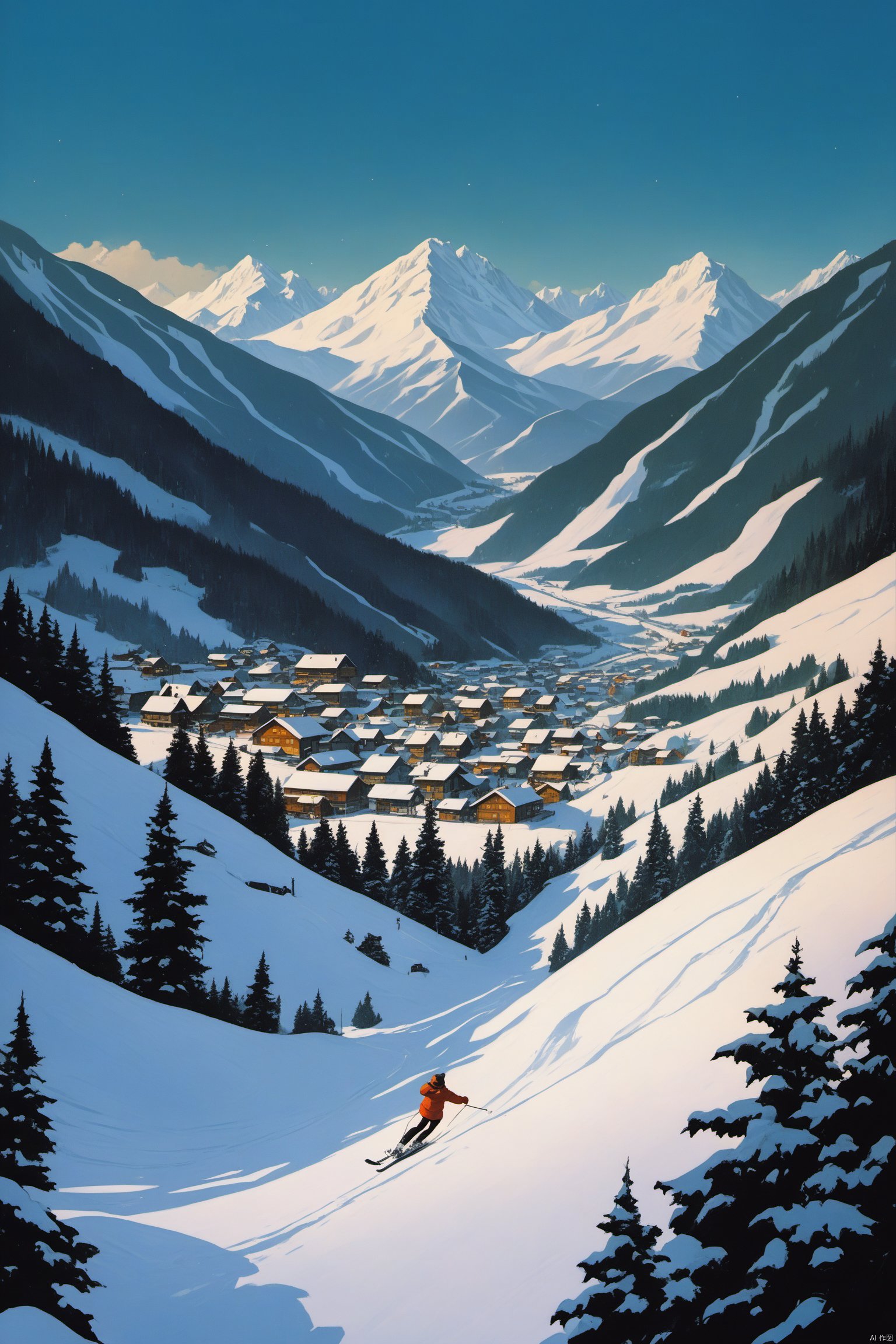  fine art, oil painting, amazing sky, Analog Color Theme, Lo-Fi Hip Hop , retrospective,1girl in snow mountain,skiing,trees at far,village at far,