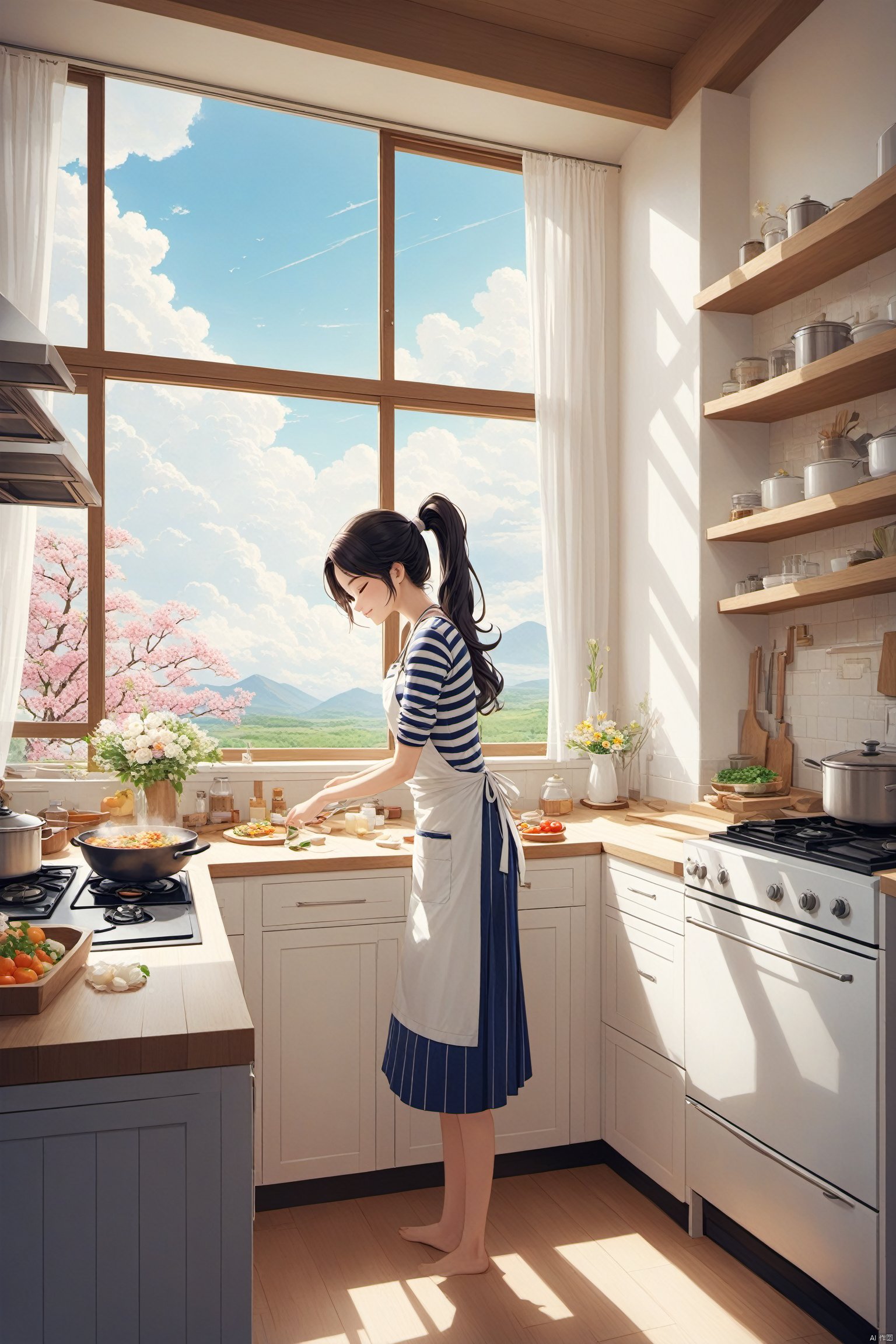 good structure,Good composition, clear, original,beautiful,1girl,standing on kitchen,huge windows,cloud,day,cloud,sky,long hair,smile,solo,sleeping,flowers,Curtains,Cooking, kitchen, apron, ponytail long hair, striped top,