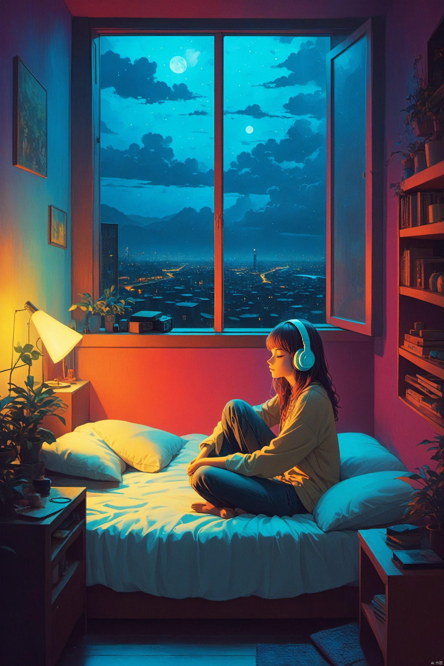 fine art, oil painting, amazing sky, . European Hippie Girl meditating in her room, dreaming, Wear headphones, night lights, Neon landscape on a rainy day, Analog Color Theme, Lo-Fi Hip Hop , retrospective,