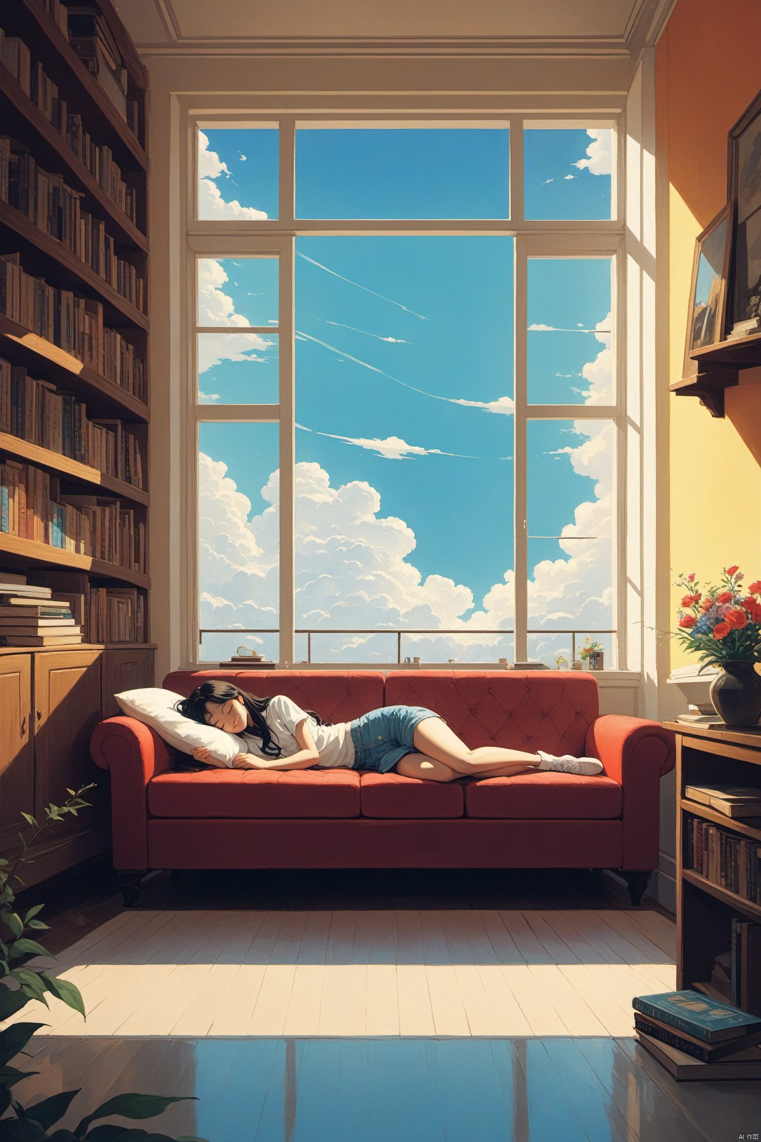  fine art, oil painting, amazing sky, Analog Color Theme, Lo-Fi Hip Hop , retrospective,good structure,Good composition, clear, original,beautiful,1girl,laying on couch indoors,huge windows,cloud,day,cloud,sky,long hair,smile,solo,sleeping,flowers,Curtains, bookshelves,