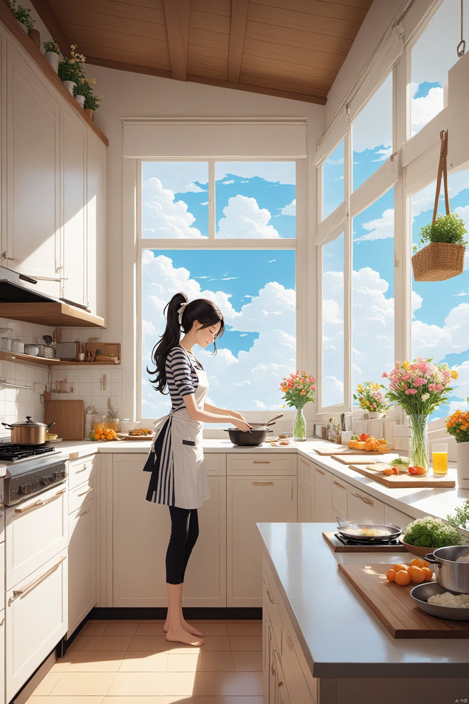 good structure,Good composition, clear, original,beautiful,1girl,standing on kitchen,huge windows,cloud,day,cloud,sky,long hair,smile,solo,sleeping,flowers,Curtains,Cooking, kitchen, apron, ponytail long hair, striped top,