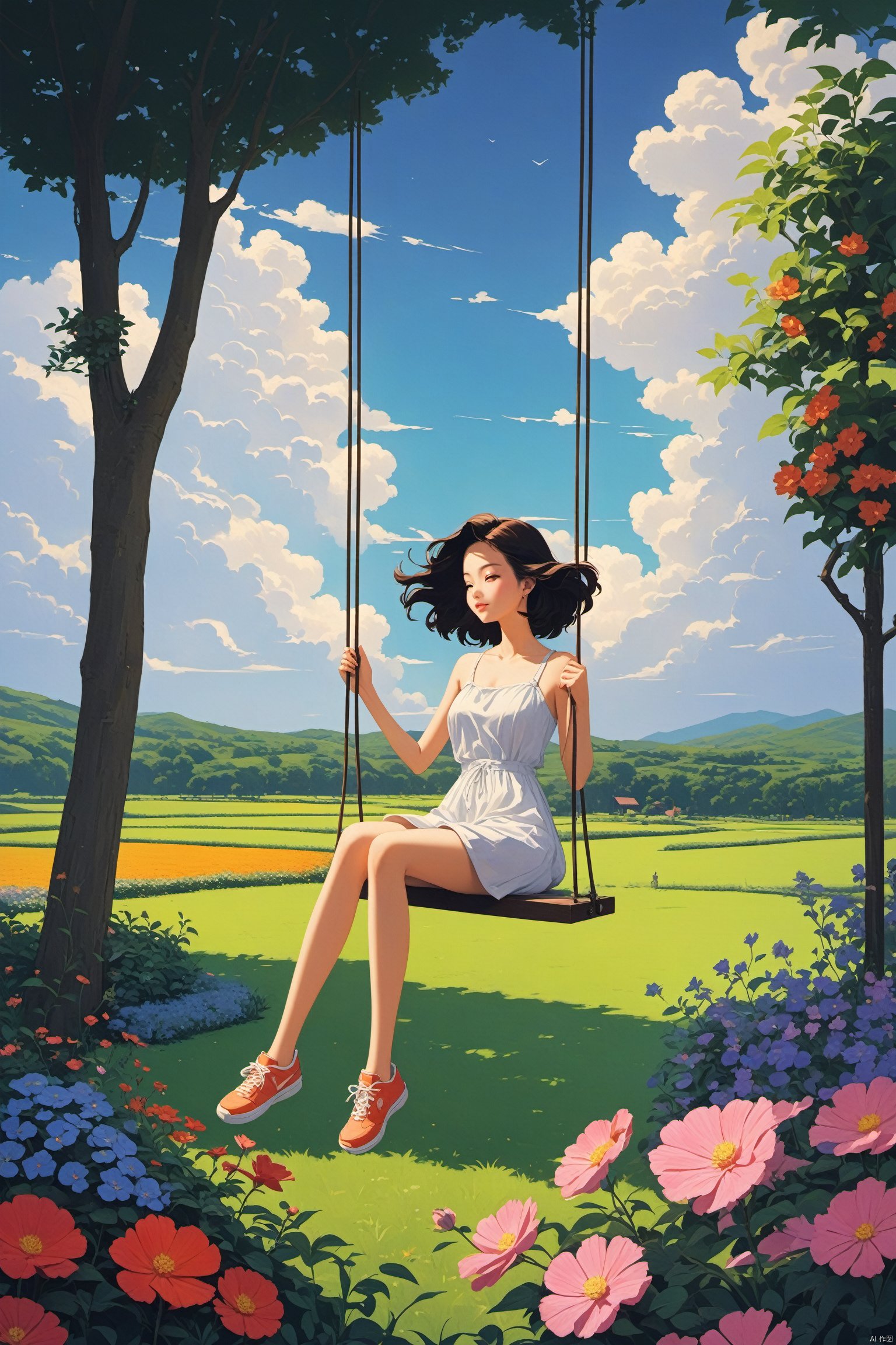  fine art, oil painting, amazing sky, Analog Color Theme, Lo-Fi Hip Hop , retrospective,good structure,Good composition, clear, original,beautiful,Garden girl, sitting on a swing, enjoying the breeze, surrounded by beautiful gardens and green fields. The picture was warm and quiet.,1girl