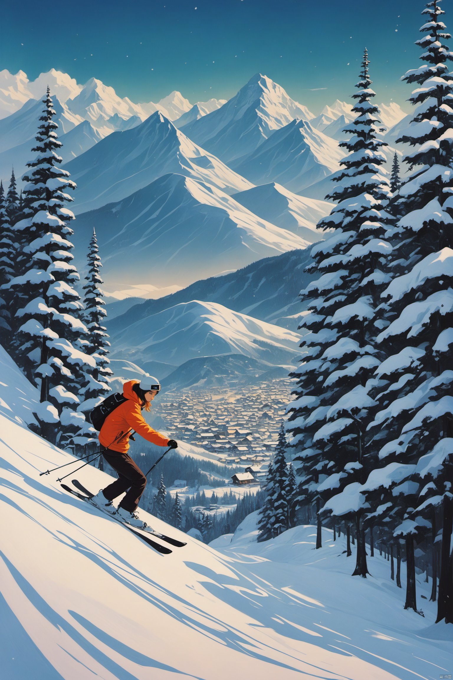  fine art, oil painting, amazing sky, Analog Color Theme, Lo-Fi Hip Hop , retrospective,1girl in snow mountain,skiing,trees at far,village at far,