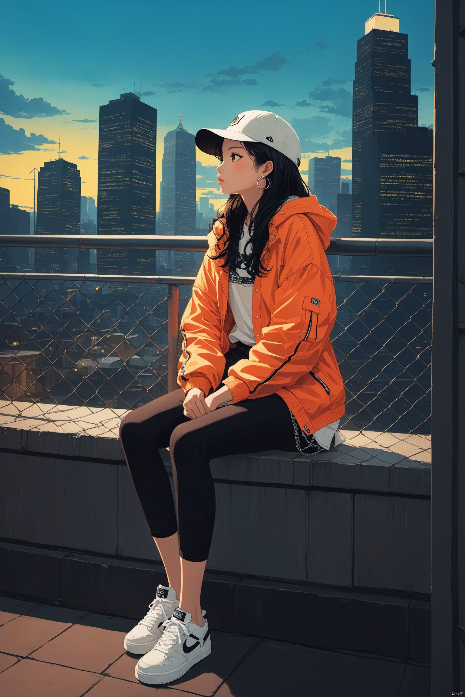  fine art, oil painting, amazing sky, Analog Color Theme, Lo-Fi Hip Hop , retrospective,kyscraper, building, city, cityscape, hat, earrings, baseball_cap, 1girl, long_hair, jacket, chain-link_fence, hood, bridge, solo, architecture, shoes, sitting, city_lights, east_asian_architecture, looking_at_viewe