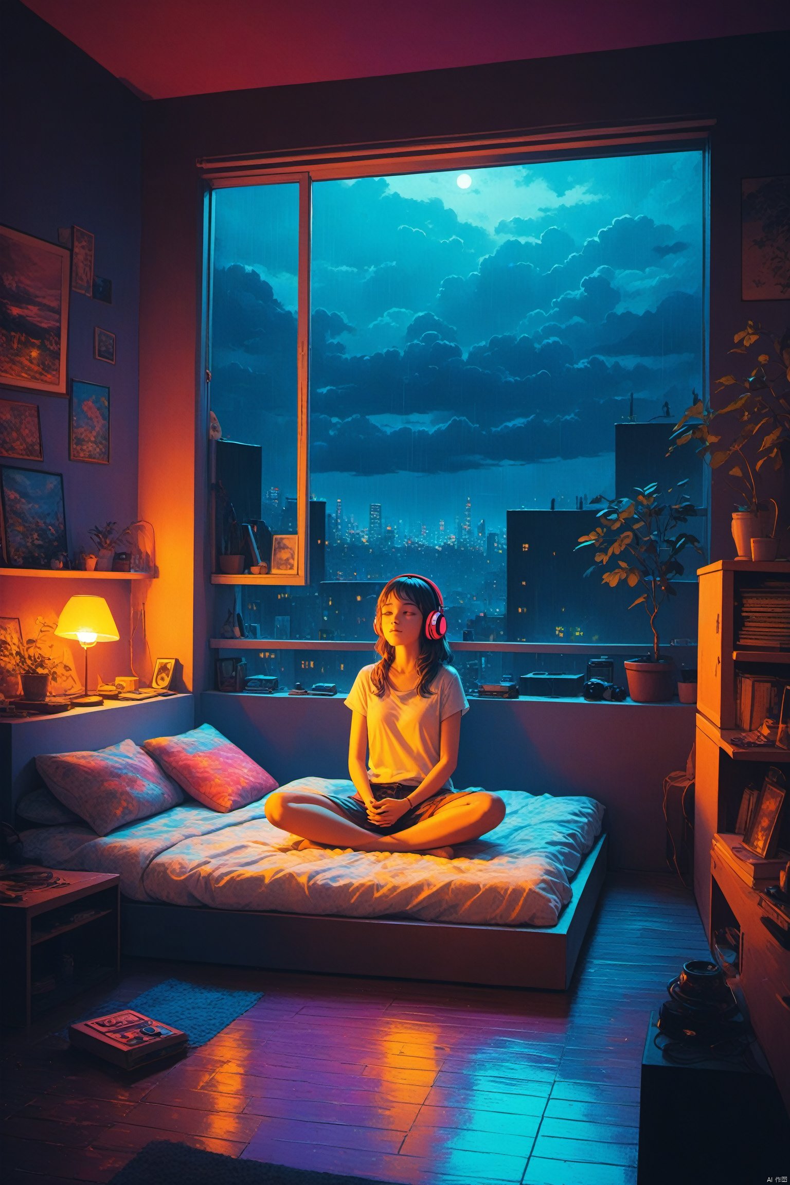 fine art, oil painting, amazing sky, . European Hippie Girl meditating in her room, dreaming, Wear headphones, night lights, Neon landscape on a rainy day, Analog Color Theme, Lo-Fi Hip Hop , retrospective,