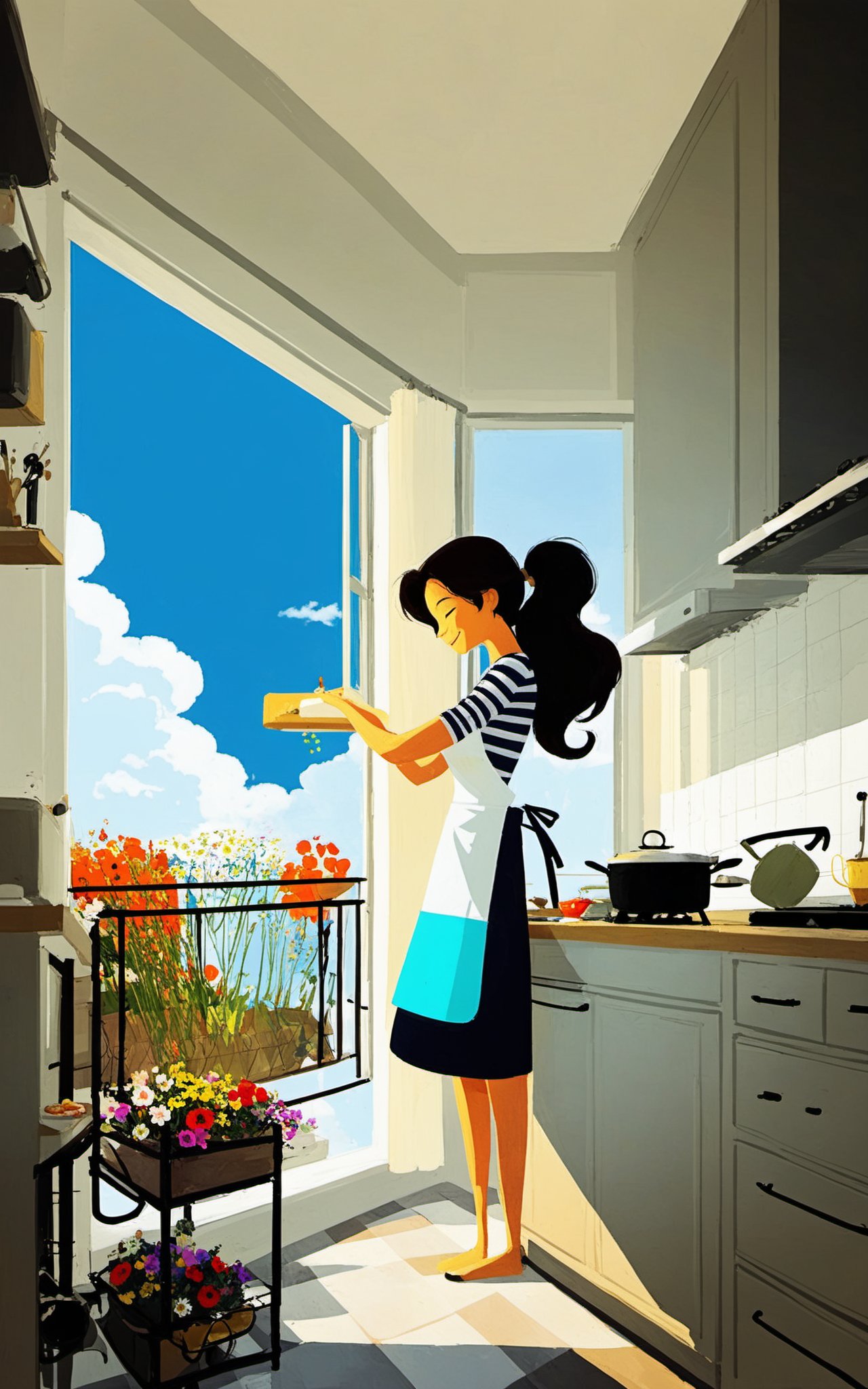 good structure,Good composition, clear, original,beautiful,1girl,standing on kitchen,huge windows,cloud,day,cloud,sky,long hair,smile,solo,sleeping,flowers,Curtains,Cooking, kitchen, apron, ponytail long hair, striped top,