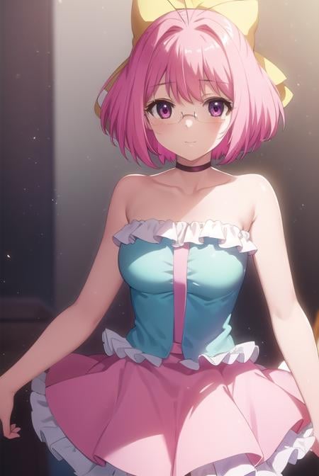 kanonnakagawa, <lora:kanon nakagawa s1s2-lora-nochekaiser:1>,kanon nakagawa, short hair, pink hair, hair bow, glasses, (pink eyes:1.3), antenna hair, smile,BREAK skirt, pantyhose, boots, choker, idol, pink pantyhose, frills, yellow skirt, frilled skirt, sleeveless, bare shoulders, collarbone, dress, blue dress, strapless, strapless dress, BREAK indoors, concert, stage lights, crowd, audience,BREAK looking at viewer, (cowboy shot:1.5),BREAK <lyco:GoodHands-beta2:1>, (masterpiece:1.2), best quality, high resolution, unity 8k wallpaper, (illustration:0.8), (beautiful detailed eyes:1.6), extremely detailed face, perfect lighting, extremely detailed CG, (perfect hands, perfect anatomy),