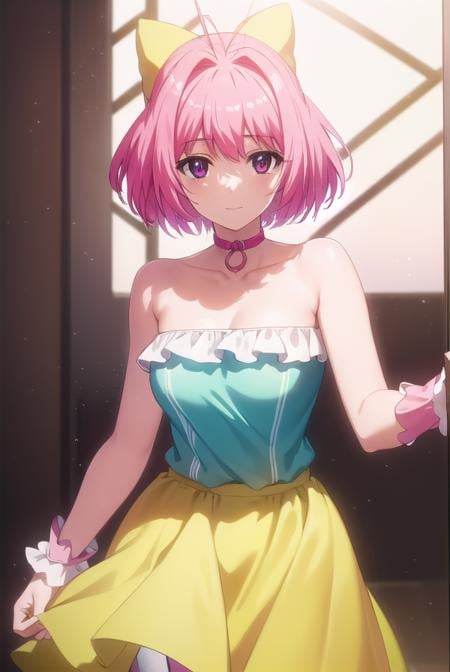 kanonnakagawa, <lora:kanon nakagawa s1s2-lora-nochekaiser:1>,kanon nakagawa, short hair, pink hair, hair bow, glasses, (pink eyes:1.3), antenna hair, smile,BREAK skirt, pantyhose, boots, choker, idol, pink pantyhose, frills, yellow skirt, frilled skirt, sleeveless, bare shoulders, collarbone, dress, blue dress, strapless, strapless dress, BREAK indoors, concert, stage lights, crowd, audience,BREAK looking at viewer, (cowboy shot:1.5),BREAK <lyco:GoodHands-beta2:1>, (masterpiece:1.2), best quality, high resolution, unity 8k wallpaper, (illustration:0.8), (beautiful detailed eyes:1.6), extremely detailed face, perfect lighting, extremely detailed CG, (perfect hands, perfect anatomy),