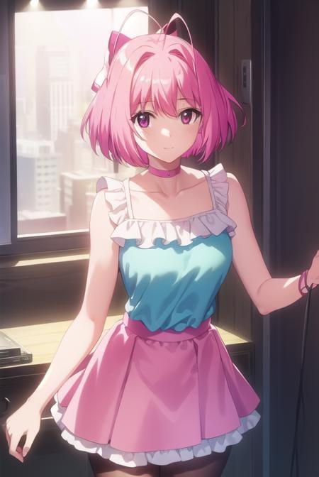 kanonnakagawa, <lora:kanon nakagawa s1s2-lora-nochekaiser:1>,kanon nakagawa, short hair, pink hair, hair bow, glasses, (pink eyes:1.3), antenna hair, smile,BREAK skirt, pantyhose, boots, choker, idol, pink pantyhose, frills, yellow skirt, frilled skirt, sleeveless, bare shoulders, collarbone, dress, blue dress, strapless, strapless dress, BREAK indoors, concert, stage lights, crowd, audience,BREAK looking at viewer, (cowboy shot:1.5),BREAK <lyco:GoodHands-beta2:1>, (masterpiece:1.2), best quality, high resolution, unity 8k wallpaper, (illustration:0.8), (beautiful detailed eyes:1.6), extremely detailed face, perfect lighting, extremely detailed CG, (perfect hands, perfect anatomy),