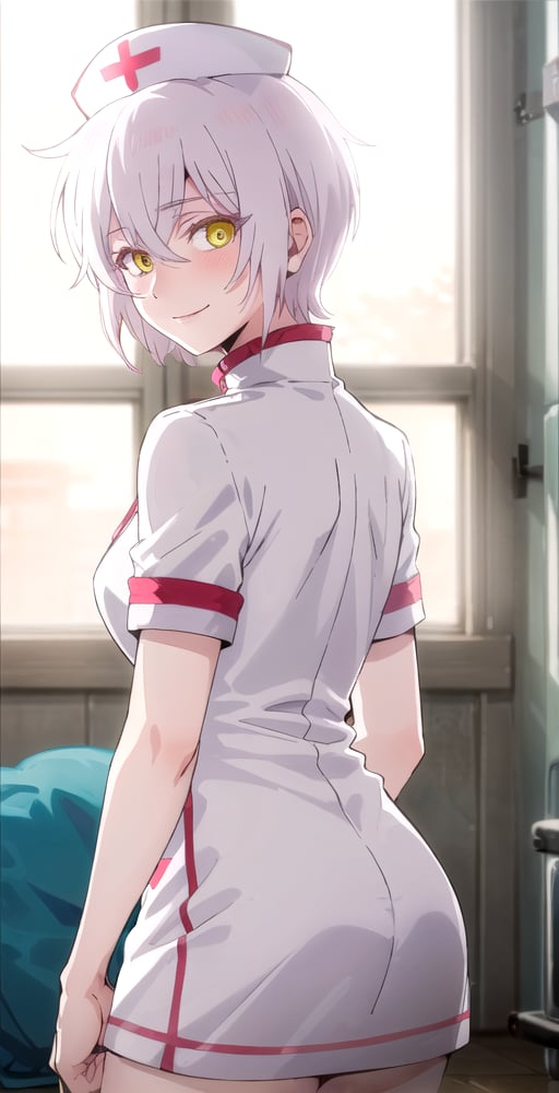 JeanneV2, 1girl, solo, portrait, upper body, close up, smile, nurse short dress, nurse cap, back turned, looking at viewer, hospital room, perfect quality, good quality, masterpiece, HDR, UHD <lora:Jeanne V2-000003:0.7>