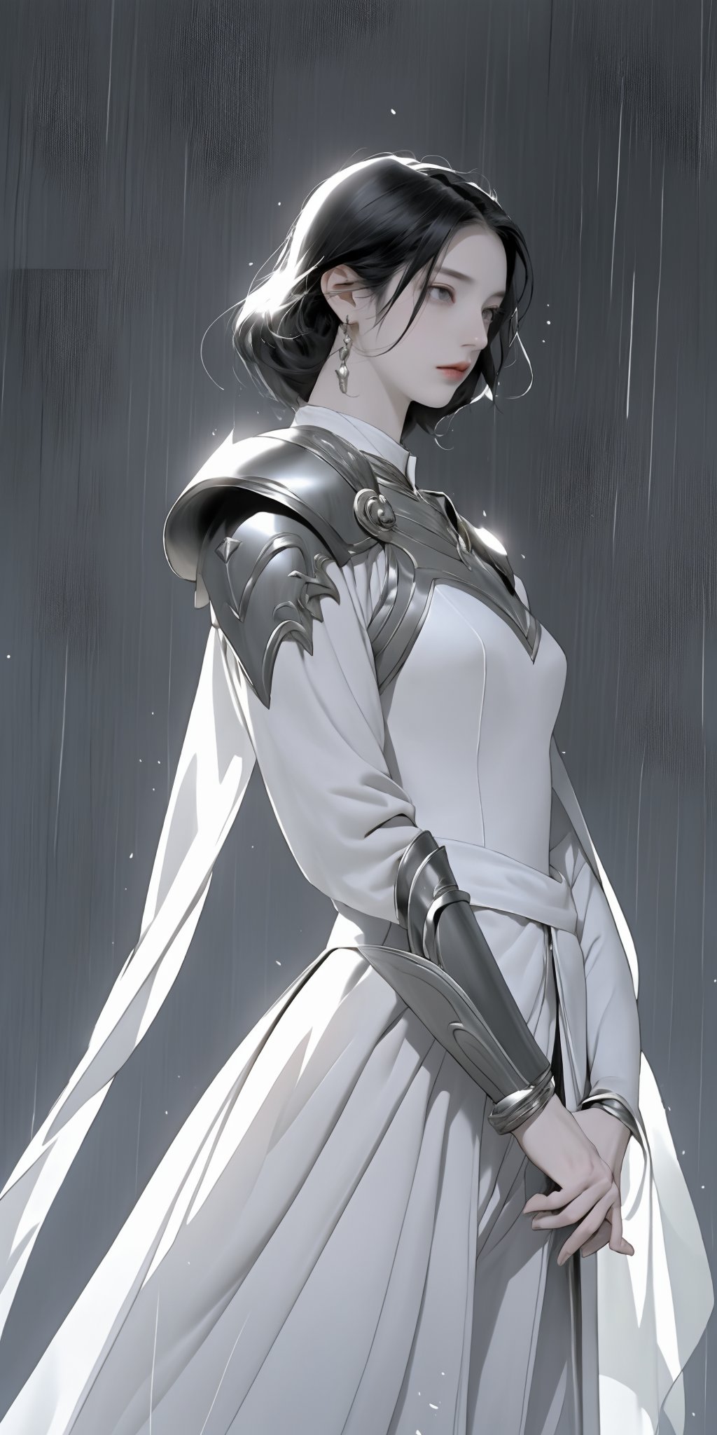 a beautiful woman, wearing armor, Saint Seiya style, holding the helmet, in her hands, white skin, short black hair, black eyes, the armor outlines her body