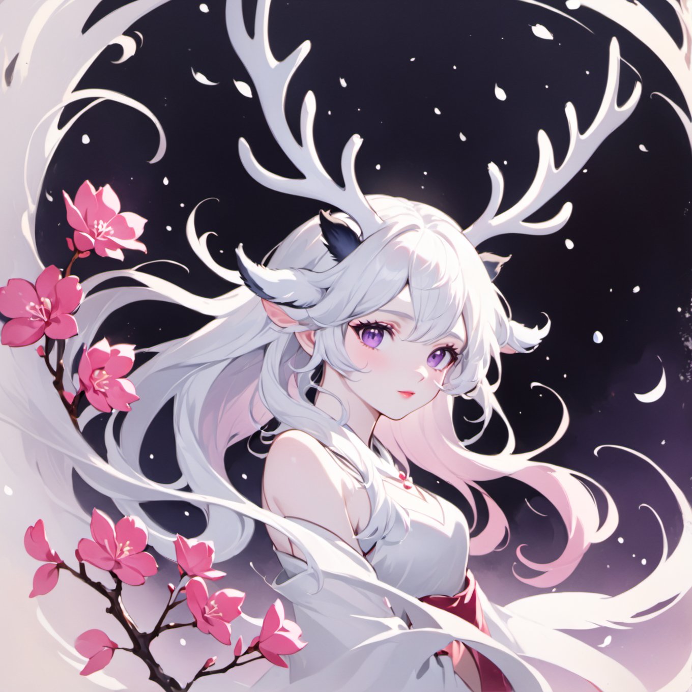 1girl,She has snow-white skin, long silver white hair, and deep purple eyes. Her head was adorned with pink flowers and a pair of blue deer antlers. The background is a light pink tone,A cartoon style illustration in ink painting style