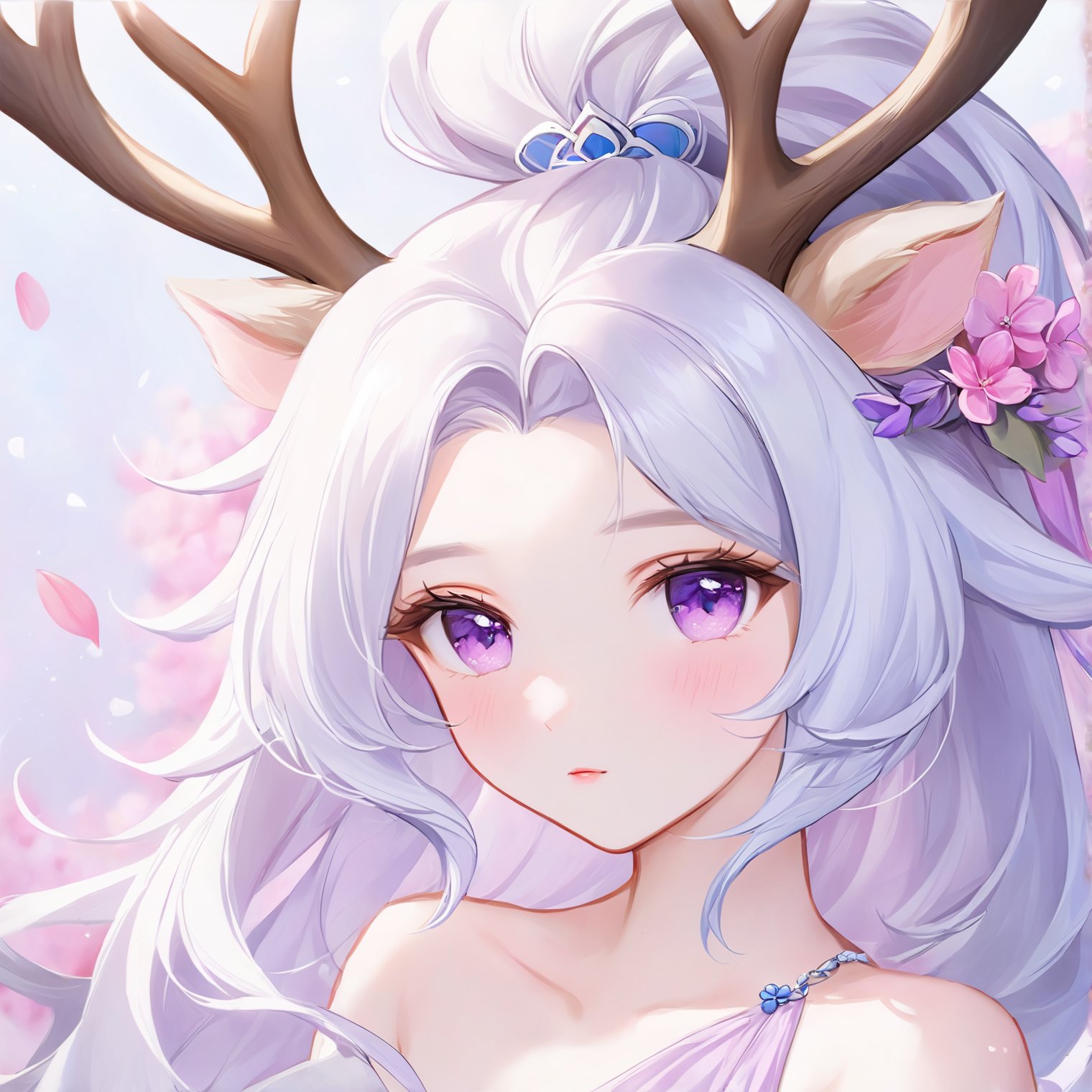 1girl, bare shoulders, collarbone, floral background, flower, long hair, pink flower, purple eyes, solo, white hair,slightly rosy face,Beautiful and delicate eyes,Short deer antlers