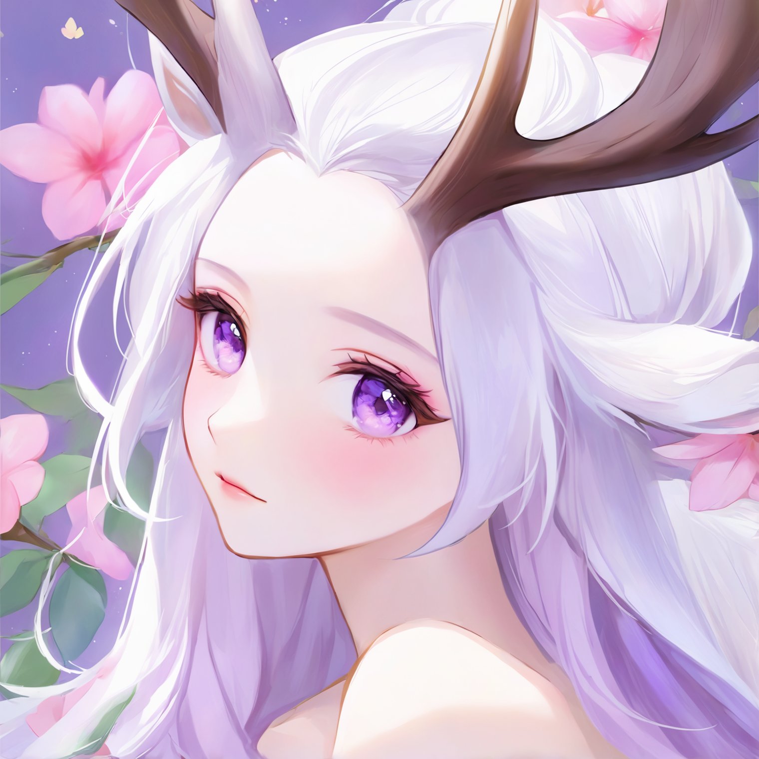 1girl, bare shoulders, collarbone, floral background, flower, long hair, pink flower, purple eyes, solo, white hair,slightly rosy face,Beautiful and delicate eyes,Reduced purple deer antlers