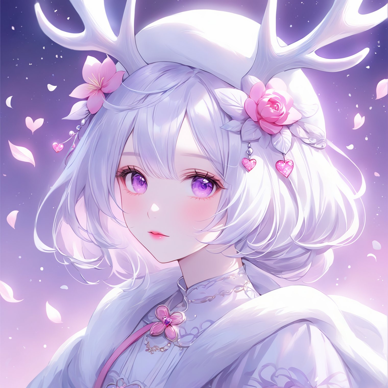 1girl, A beautiful anime style girl. She has snow-white skin, long silver white hair, and deep purple eyes. She was wearing a white hat decorated with pink flowers on her head, and there was also a pair of blue deer antlers on the hat. The background is a light pink tone, with several petals and heart-shaped patterns floating around. Overall, it gives people a dreamy and pure feeling.