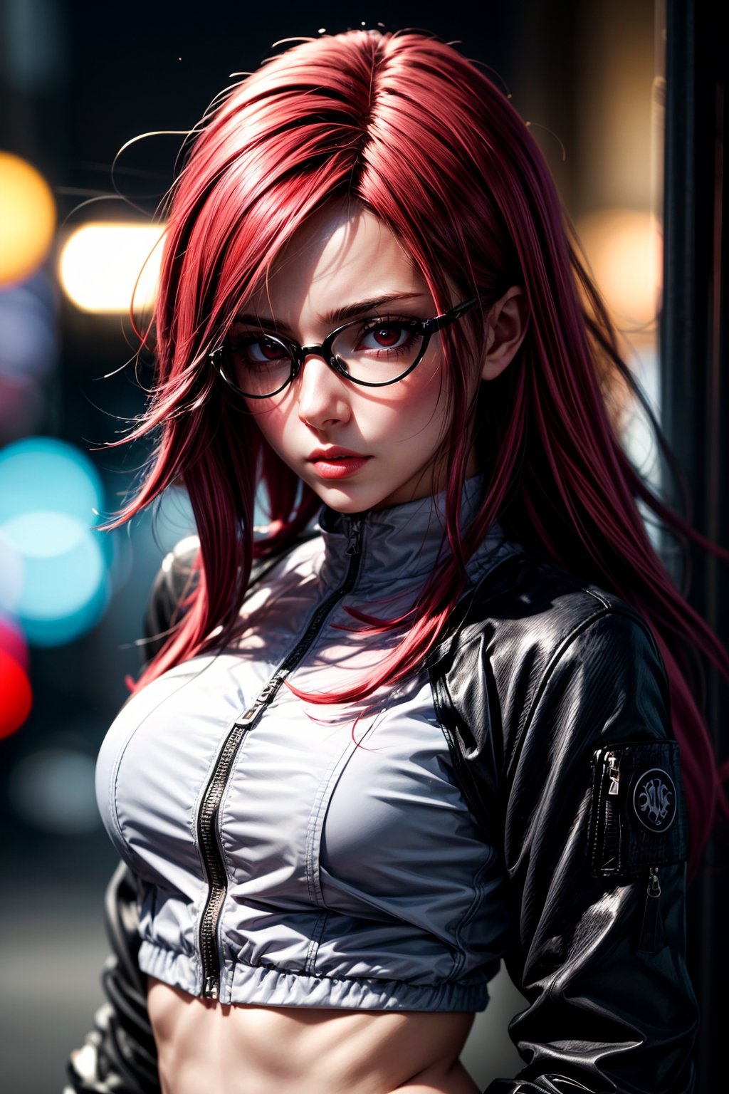 1girl, (red head:1.5), (masterpiece, best quality, high resolution, unity 8k wallpaper, extremely detailed CG:1), (illustration:1.0), portrait, upper body, masterpiece, perfect face, perfect picture, detailed eyes, sharp focus, view from high, Blender, white pale skin, high quality photography, 3 point lighting, flash with softbox, 4k, Canon EOS R3, hdr, smooth, sharp focus, high resolution, award winning photo, 80mm, f2.8, bokeh, highly detailed, CG render, octane, bokeh, 4k, 8k, 8mm, unreal engine 3d . shallow depth of field, vignette, highly detailed, high budget, bokeh, cinemascope, moody, epic, gorgeous, film grain, grainy, high quality photography, 3 point lighting, flash with softbox, 4k, Canon EOS R3, hdr, smooth, sharp focus, high ,resolution, award winning photo, 80mm, f2.8, bokeh, highly detailed, CG render, octane, bokeh, 4k, 8k, 8mm, unreal engine 3d, fine-face, realistic shaded perfect face, fine details. Night setting. Very anime style. Realistic shaded lighting poster by Ilya Kuvshinov katsuhiro, magali villeneuve, artgerm, Jeremy Lipkin and Michael Garmash, Rob Rey and Kentarõ Miura style, trendin . shallow depth of field, vignette, highly detailed, high budget, bokeh, cinemascope, moody, epic, gorgeous, film grain, grain,  standing, solo,  masterpiece, best quality, detailed face, detailed eyes, highres, Athletic,Defined muscles, Karin,Karin, ((Red long hair)), disheveled hair, pink glasses, white pale skin, black sport shorts, white bomber jacket, with tourtle neck,  middle zipper, half open, black ninja shoes, 