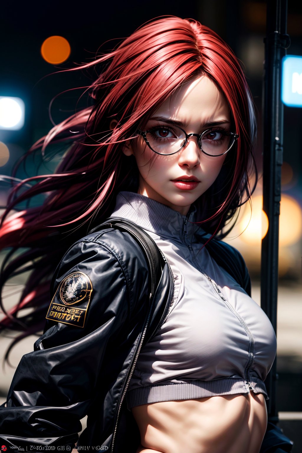 1girl, (red head:1.5), (masterpiece, best quality, high resolution, unity 8k wallpaper, extremely detailed CG:1), (illustration:1.0), portrait, upper body, masterpiece, perfect face, perfect picture, detailed eyes, sharp focus, view from high, Blender, white pale skin, high quality photography, 3 point lighting, flash with softbox, 4k, Canon EOS R3, hdr, smooth, sharp focus, high resolution, award winning photo, 80mm, f2.8, bokeh, highly detailed, CG render, octane, bokeh, 4k, 8k, 8mm, unreal engine 3d . shallow depth of field, vignette, highly detailed, high budget, bokeh, cinemascope, moody, epic, gorgeous, film grain, grainy, high quality photography, 3 point lighting, flash with softbox, 4k, Canon EOS R3, hdr, smooth, sharp focus, high ,resolution, award winning photo, 80mm, f2.8, bokeh, highly detailed, CG render, octane, bokeh, 4k, 8k, 8mm, unreal engine 3d, fine-face, realistic shaded perfect face, fine details. Night setting. Very anime style. Realistic shaded lighting poster by Ilya Kuvshinov katsuhiro, magali villeneuve, artgerm, Jeremy Lipkin and Michael Garmash, Rob Rey and Kentarõ Miura style, trendin . shallow depth of field, vignette, highly detailed, high budget, bokeh, cinemascope, moody, epic, gorgeous, film grain, grain,  standing, solo,  masterpiece, best quality, detailed face, detailed eyes, highres, Athletic,Defined muscles, Karin,Karin, ((Red long hair)), disheveled hair, pink glasses, white pale skin, black sport shorts, white bomber jacket, with tourtle neck,  middle zipper, half open, black ninja shoes, 