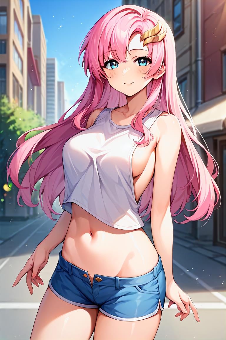 score_9, score_8_up, score_7_up, score_6_up, score_5_up, score_4_up, rating_questionable, , source_anime, digital illustration, pixiv, fanbox, uncensored, , BREAK, official art,1girl, solo, female, lacus clyne, blue eyes, pink hair, hair ornament, gold hair ornament, straight hair, croptop, shorts, groin, navel, sideboob, outdoors, street, city, buildings,, light smile, blush, looking at viewer, cowboy shot, colorful, vivid  <lora:Lacus_clyne_Pony-000009:0.9>