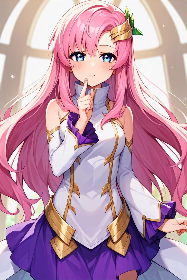 score_9, score_8_up, score_7_up, score_6_up, score_5_up, score_4_up, rating_questionable, , source_anime, digital illustration, pixiv, fanbox, uncensored, , BREAK, official art,1girl, solo, female, lacus clyne, blue eyes, pink hair, hair ornament, gold hair ornament, straight hair, very long hair, anime screencap,white dress, purple skirt, detached sleeves, bare shoulders, ,, blush, looking at viewer, cowboy shot, colorful, vivid  <lora:Lacus_clyne_Pony-000009:0.9>