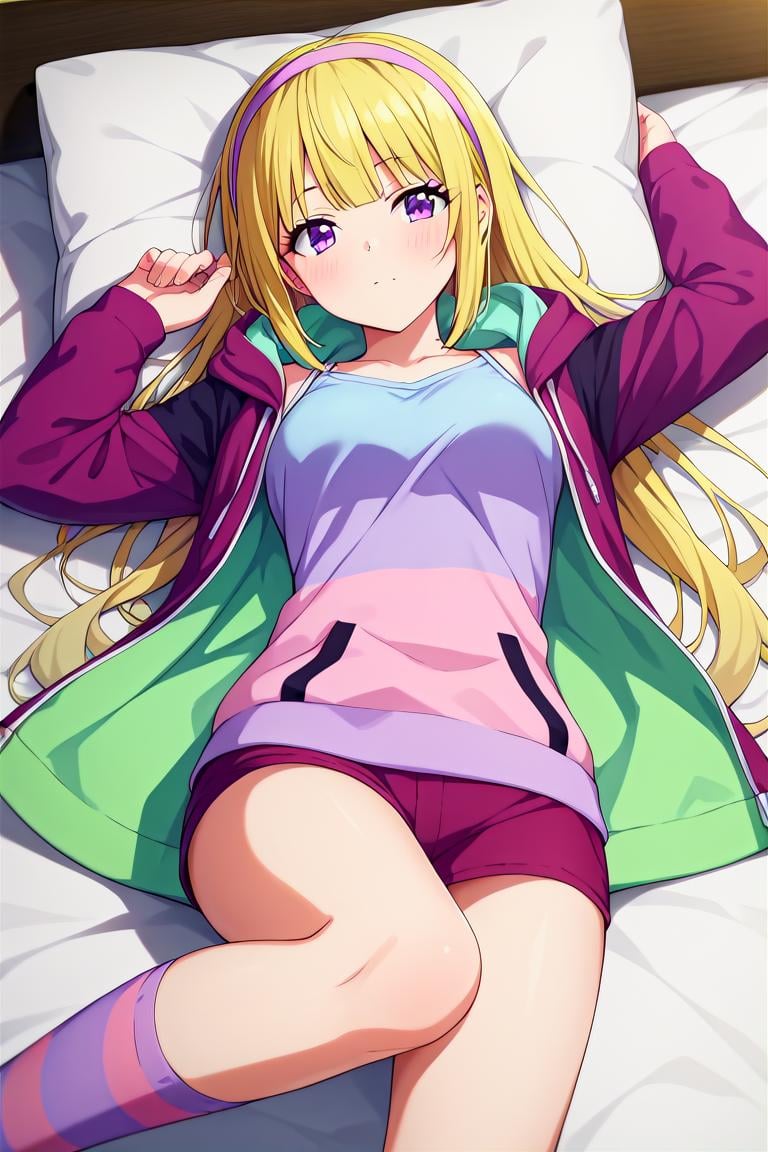 score_9, score_8_up, score_7_up, score_6_up, score_5_up, score_4_up, rating_questionable, , source_anime, digital illustration, pixiv, fanbox, uncensored, , BREAK, official art, 1girl, , female, kei karuizawa, yellow hair, long hair, straight hair,  hairband, purple eyes, multicolored clothes, multicolored jacket, hood, night wear, striped clothing, socks, bed, indoors, lying,, blush, looking at viewer, colorful, vivid <lora:Kei_Karuizawa_Pony-000009:0.9>