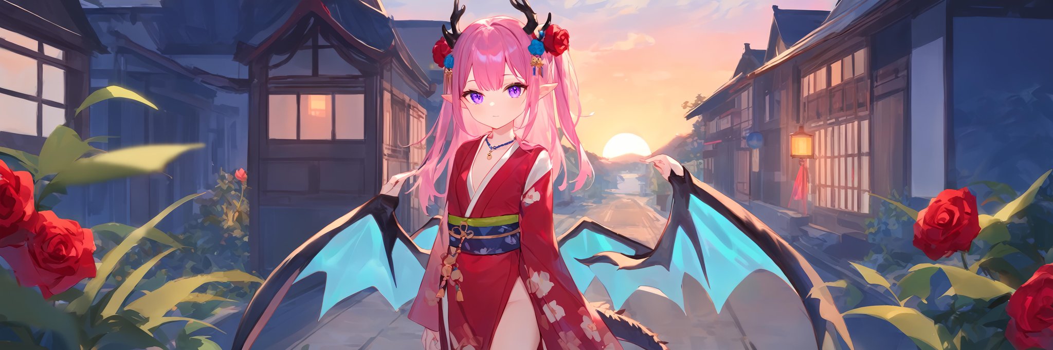 1girl,fuzichoco, ask \(askzy\),masterpiece, newest, absurdres,  solo.dragon wings, tail, horns, solo, antlers, pointy ears, japanese clothes, side slit, long hair, two side up, bangs, sky, house, purple eyes, building, hair between eyes, closed mouth, medium breasts, pink hair, plant, slit pupils, standing,  sunset, river, looking at viewer, hair ornaments, walking on the street, close-up, animal, blue eyes, blue sky, bracelet, breasts, day, flower, from side, grass, indoors, jewelry, kimono, necklace, night, night sky, outdoors, red flower, red rose, rose