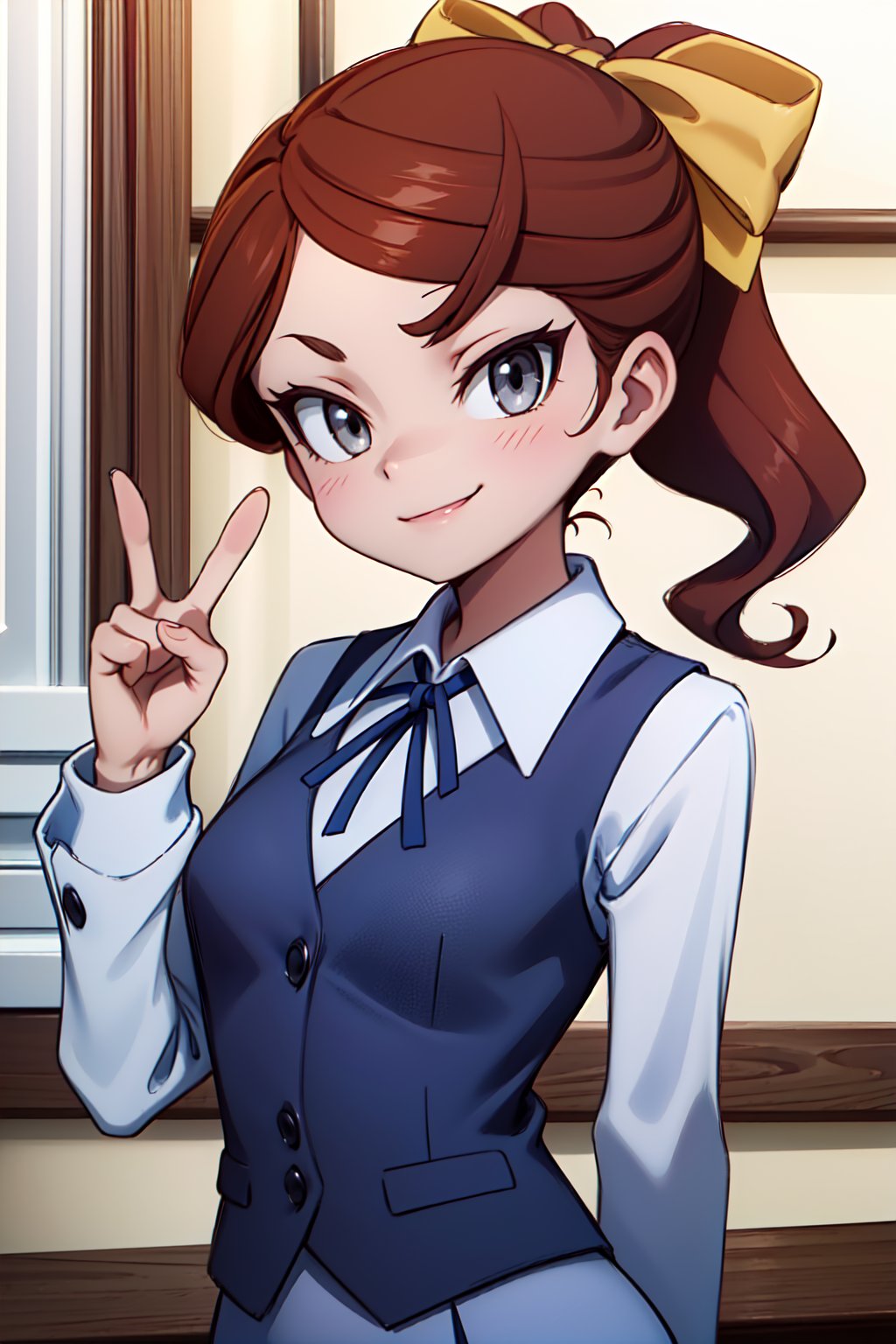 (1girl, solo, (Hannah_england), (cinnamon hair, grey eyes, hair bow, yellow bow, ponytail), blue neck ribbon,long sleeves, collared shirt, white shirt, school uniform, navy bue skirt, navy blue vest, standing, looking at viewer,upper body, evil smile, peace sign)<lora:EMS-312131-EMS:1.000000>