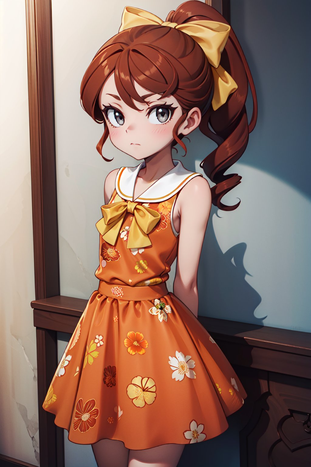 (1girl, solo, (Hannah_england), (cinnamon hair, grey eyes, hair bow, yellow bow, ponytail), (orange dress, floral print,sleeveless), standing, looking at viewer, closed mouth)<lora:EMS-312131-EMS:1.000000>