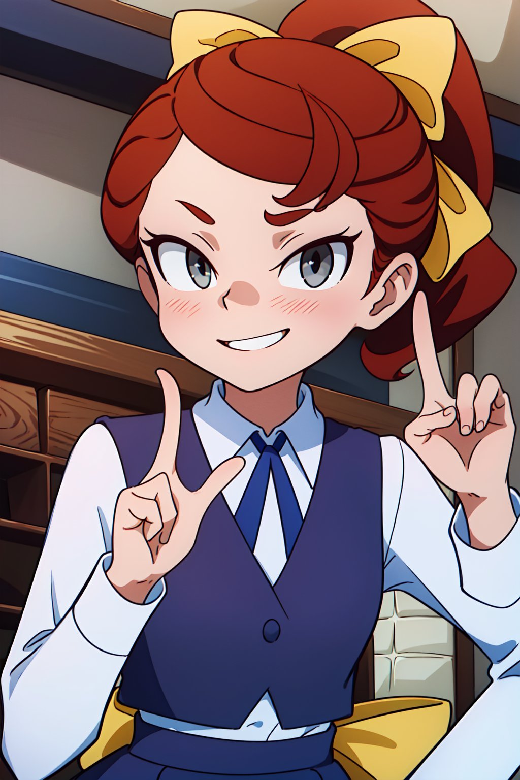 (1girl, solo, (Hannah_england), (cinnamon hair, grey eyes, hair bow, yellow bow, ponytail), blue neck ribbon,long sleeves, collared shirt, white shirt, school uniform, navy bue skirt, navy blue vest, standing, looking at viewer,upper body, evil smile, peace sign)<lora:EMS-312131-EMS:1.000000>